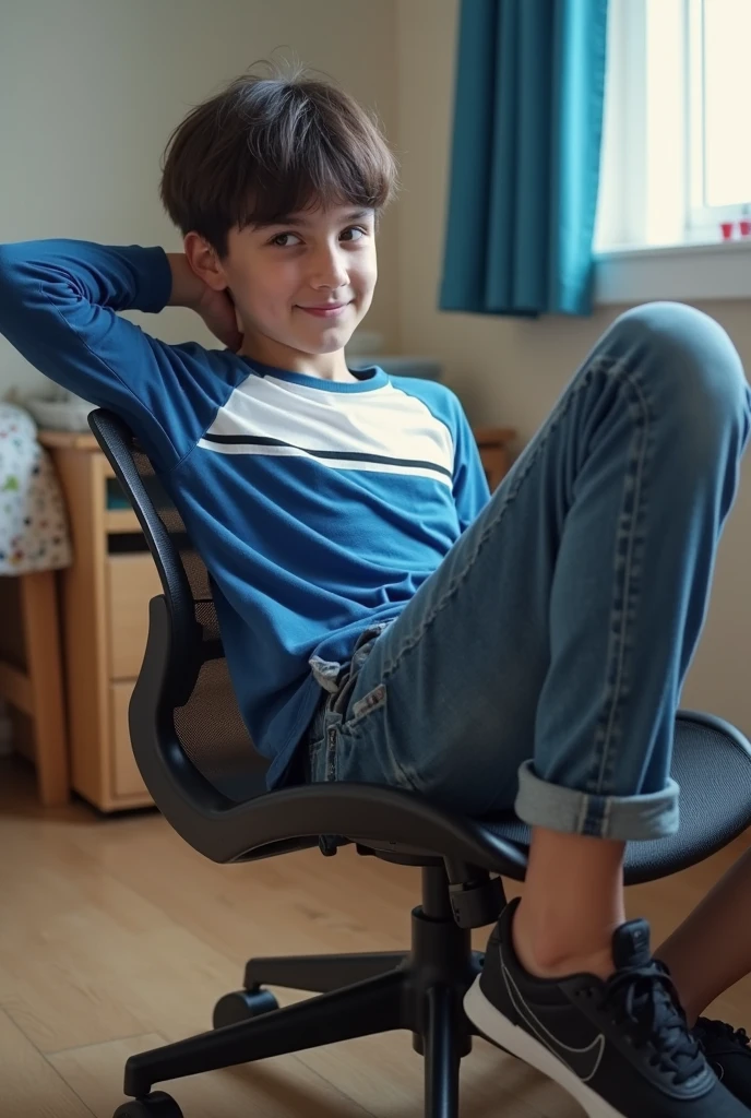 Youth man(12year old),East Asians,Wear a white vest,Black panty,Black sandals,Lie next to the computer