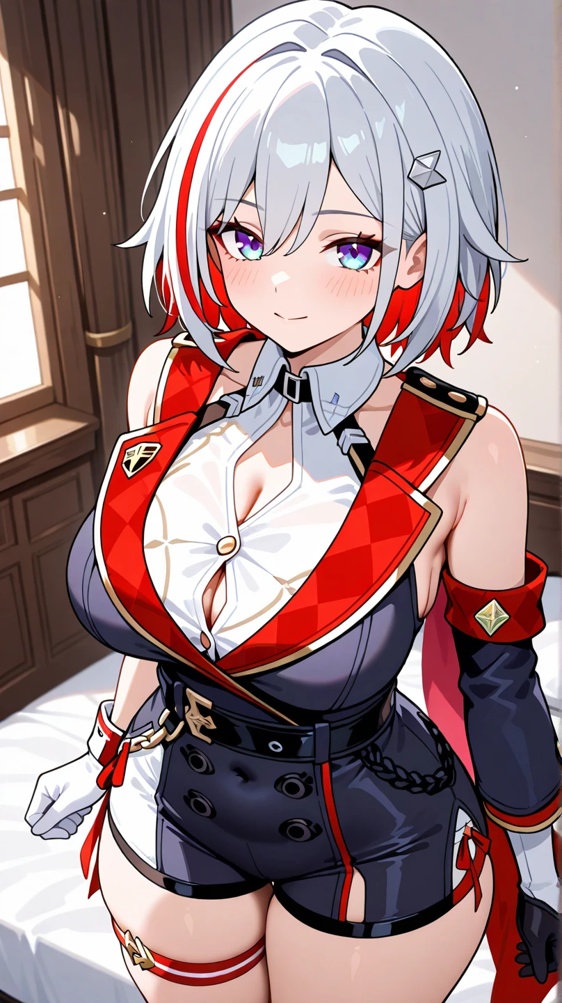 1girl, topaz \(honkai: star rail\), solo, black gloves, thigh strap, hair ornament, unitard, detached sleeves, badge, side cape, belt, cowboy shot, bedroom, depth of field, sitting on side of the bed, reclining, arm support, gasping, ecstasy, seductive smile, masterpiece, large breasts, thights,