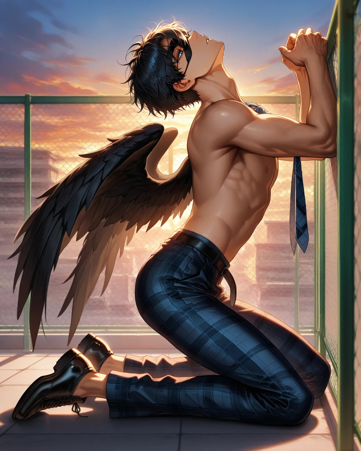 uploaded on e621, by Klongi, by Marco Mazzoni, by Anne Geddes, solo ((corvid)) with (((black body))) and ((black beak)) and (black claws) and ((clear red eyes)) and ((black wings)), (( portrait)), BREAK, ((((wear white jacket with bottomless)))), (detailed Anthony Thieme anthro corvid), ((bulge, male, underwear, small bulge))(detailed Bonifasko lighting), (detailed fur), (detailed feathers), (detailed skin), BREAK, ((fighting pose at dance hall on dusk)), (cinematic lighting), ((detailed background)), ((looking away)), (((front view))), (((wet))), (half body shadow), [backlighting], [crepuscular ray], [detailed ambient light], [gray natural lighting], [realistic proportions], [explict content], [sharp focus], (questionable content), (shaded), ((masterpiece)), BREAK