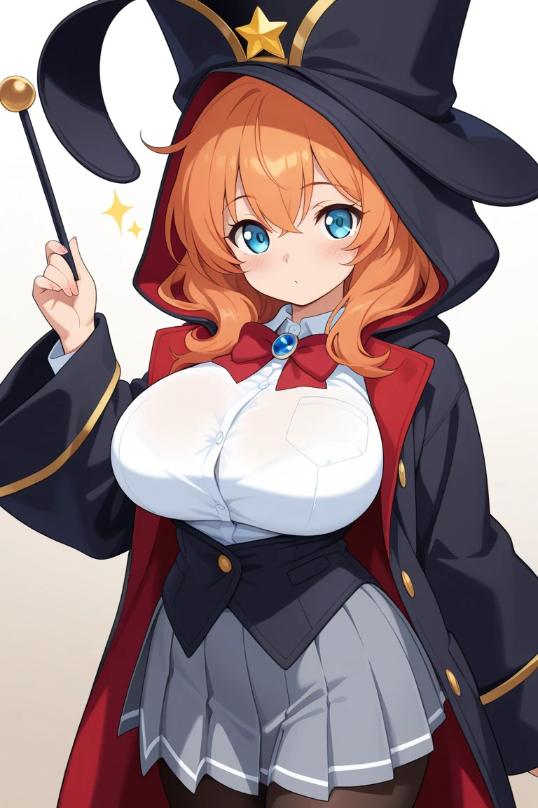 (Wizard Girl:1.2), (1 person:1.2),(10 year old girl)、young girl、big breasts、 nffsw、shader、highly detailed eyes、witch's clothes(witch hat、Orange sweater、black mini skirt、black cloak)、long hair、underboob、orange hair、silky hair、ultra-intricate pupil in eyes、highest quality、bright colors、Bust 100、Standing picture of the game、Stirring composition、Composition looking up from below、Pose that emphasizes the chest、rub your chest、black shiny gloves、grinning expression、eyes half closed、open your mouth、fold your hands behind your back、Hide your hands、evil smile、whole body、beautiful