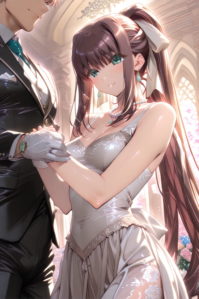 Kirito and Asuna black wedding dress purple eyes blush two people standing in the wedding hall looking at each other kiss big breasts breast enlargement illustration, ultra-detailed, HDR, vibrant colors, soft lighting