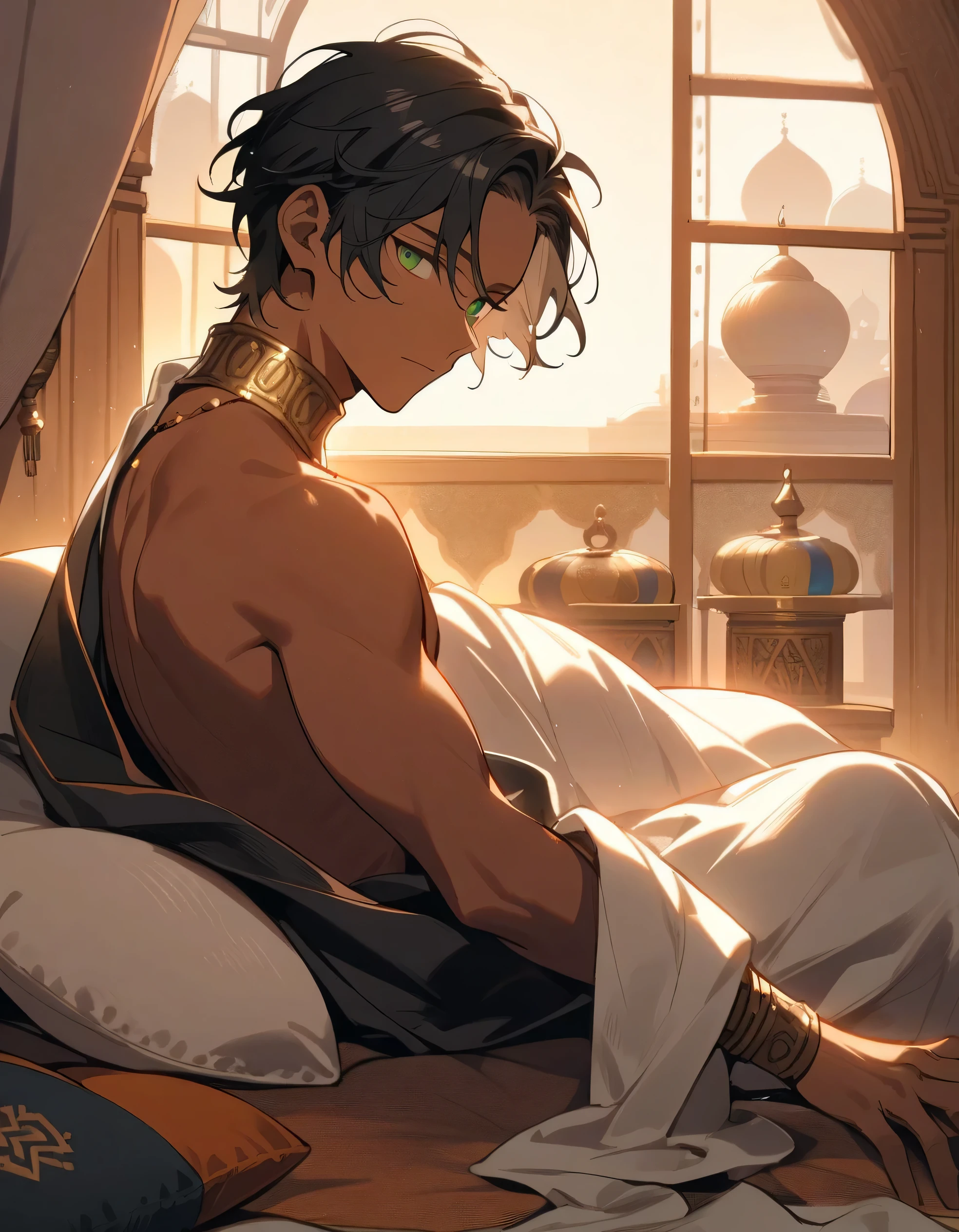 1 male, handome, dark skin, short hair, short wavey black hair, arabian, shirtless, sitting on pillows and silks, inside, window, sun, green eyes, robes