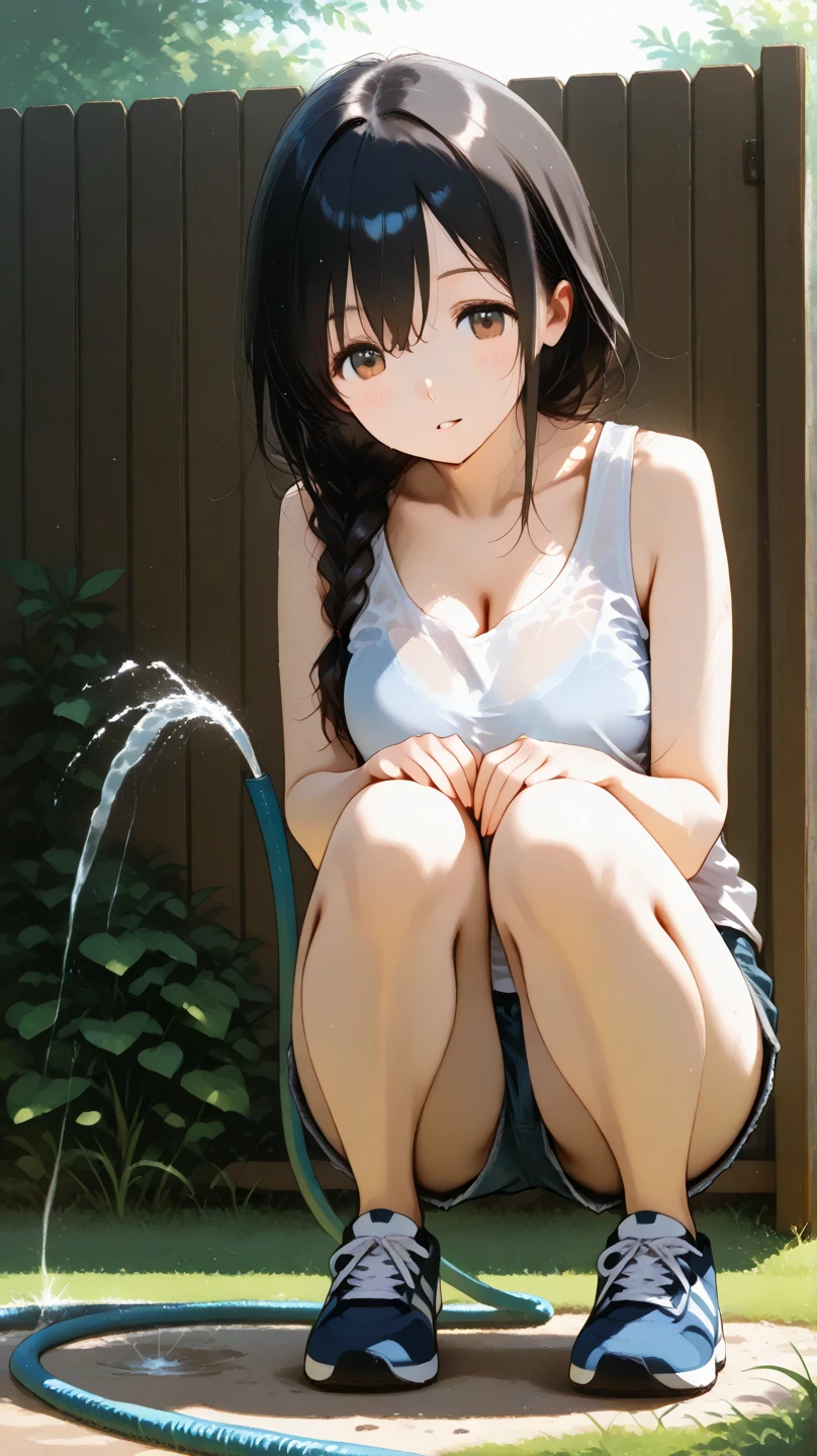 outdoors(sunny),  (exposed pussy with dildo insertion)wet(pussy juice), (dildo sticking out from pussy)(labia nudged by dildo)(erect prominent clitoris), (visible anus), (short height)(young girl), nude, ((light blue) tiny triangle (bikini top))only, (huge round breasts)(big boobs), nipples erect through bikini, narrow waist, belly button, small hips, (bare underbody)bottomless(bare vulva)(bare hips)(bare pussy), (slender legs)(bare legs),(sky blue ponytail), white ribbon, sneakers, (light purple eyes), (no underwear), orgasm, masturbation(onanism), outdoors(sunny), (Highly Detailed CG Unity 8K Wallpaper) (Better Quality) (Better lighting) (extremely delicate and beautiful)