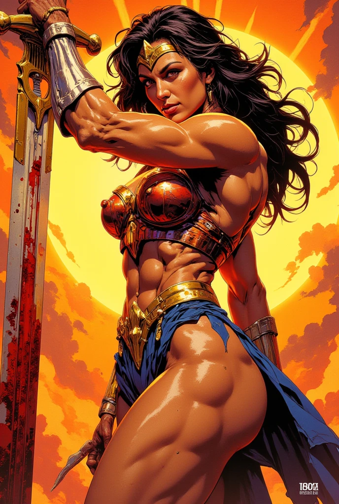 (melhor qualidade, Obra de arte), (tarot, tarot card,:1.1), Post-apocalyptic warrior woman, in the artistic style of Simon Bisley , Capa de metal pesado, Minimal clothing, seminu, ???????, seios grandes, fundo preto, Dourado, glorioso, epic background, Vibe Epic, no estilo de Druuna