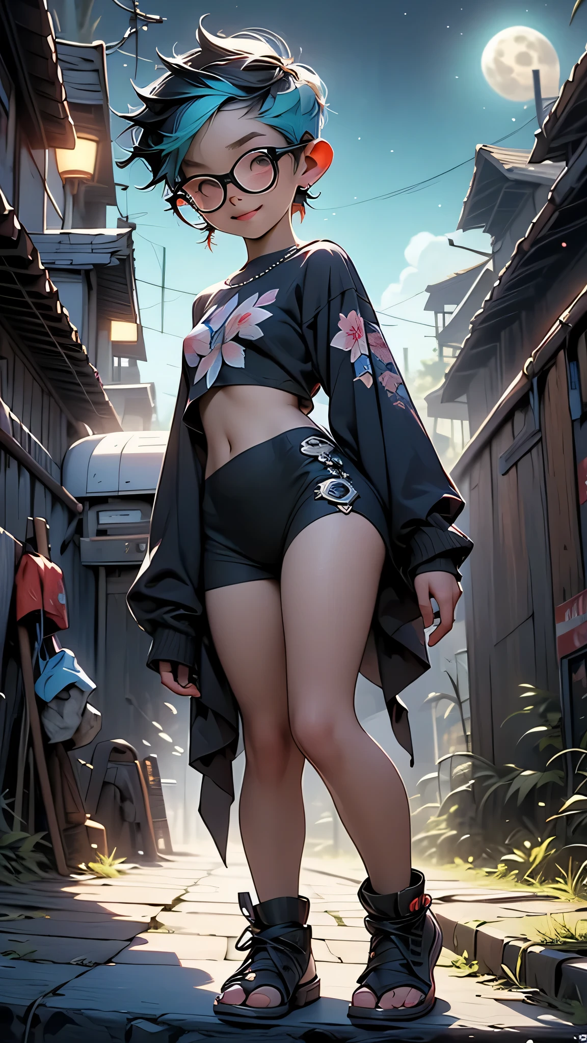 A young woman is standing on a near a traffic signal in the city. She is wearing printed underwear. She has big hips. It is evening.