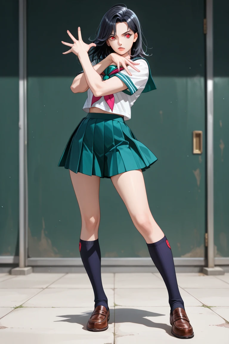 masterpiece、high quality、High resolution、Realistic、professional lighting、Japanese、500 foot tall giant woman、cute、Beauty、young、White skin、slender、Sailor Jupiter、Makoto Kino、Ham Jupiter, Green Eyes, Brown Hair, ponytail, tiara, jewelry, Sailor Warrior Uniforms, Green sailor collar, Green choker, White elbow gloves, Pink ribbon on the chest, brooch, leotard, Ultra mini skirt, Green Skirt, White panties, Green short boots, Embarrassed, City of Giants，Skyscrapers, bustling street, (((Shibuya Scramble Crossing))), (((crowd))), Has super long legs, night, Ground View, Anatomically correct