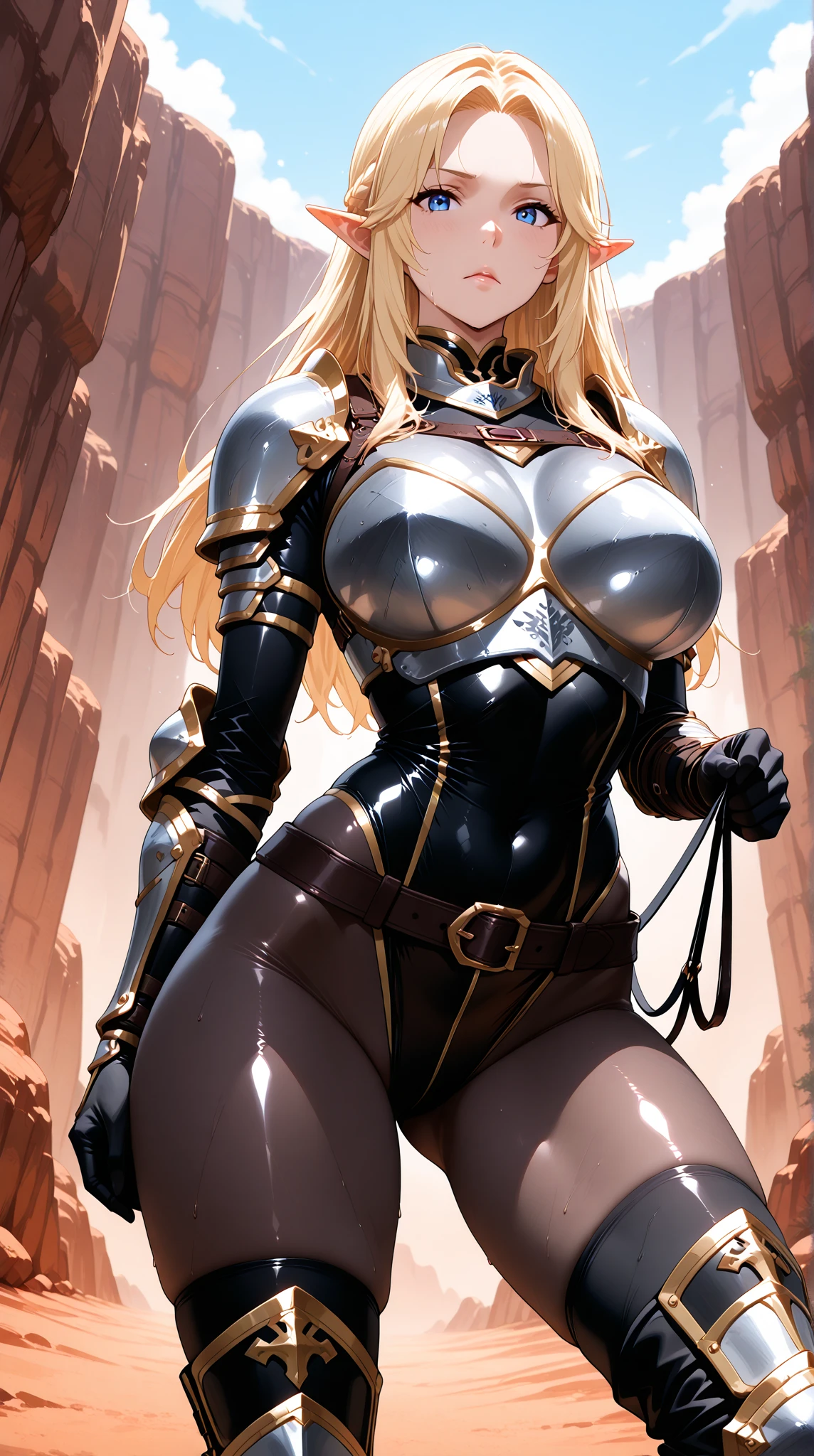 "(masterpiece), best quality, NSFW,
1girl, (80s anime style:1.5), (eyelashes:1.5),
(intricate high detailed body:1.2),
yellow hair,
(forehead:1.2), (wavy twintails:1.1),
blue eyes,
(dark skin:1.2), (curvy body:1.2),
(huge breasts:1.2),
(thick eyebrows:1.1),
grin,
(lace bikini armor, tatoo:1.2),
(knight armor, armored boots:1.2),
(see-through pantyhose:1.1), gloves, witch hat,
(dynamic pose1.1),
(full body1.1),
(simple white background:1.3)"