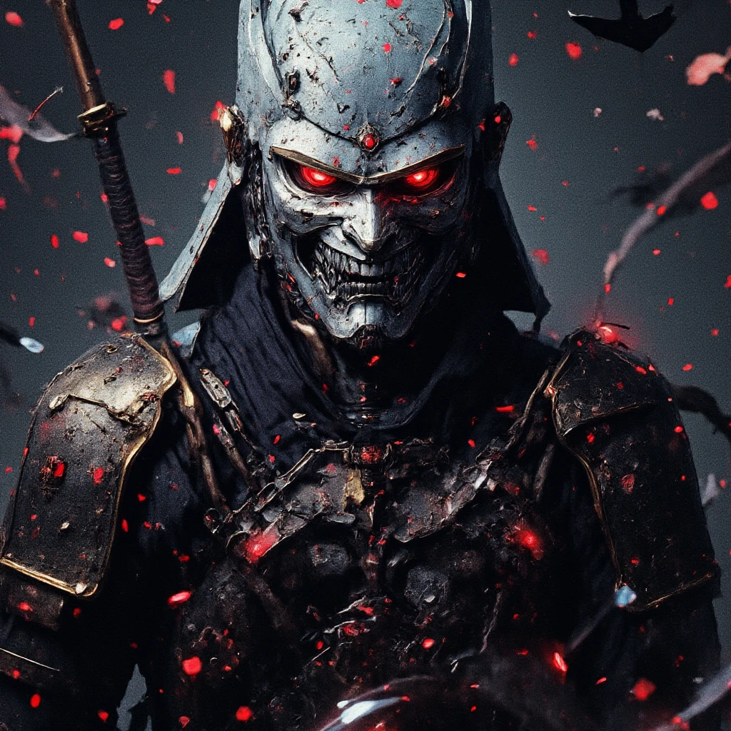 A samurai with a human skull head in a post-war setting with dark details and intense atmosphere. Fight scenario.
