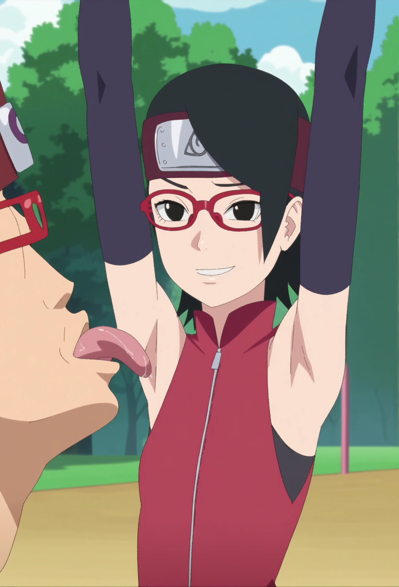 source_anime, sarada uchiha, short hair, black hair, black eyes, red-framed eyewear, glasses, swept bangs, looking at viewer, eye contact with viewer, smile, (smug:0.8), closed mouth, light blush, bare shoulders, bare arms, bedroom background, arm up, raised arm, arm behind head, armpit, flat chest. BREAK 1boy, penis, poke, faceless male, white skin, bigger male. BREAK, 1boy, penis, cum over body, faceless male, bigger male, instant loss, before and after,