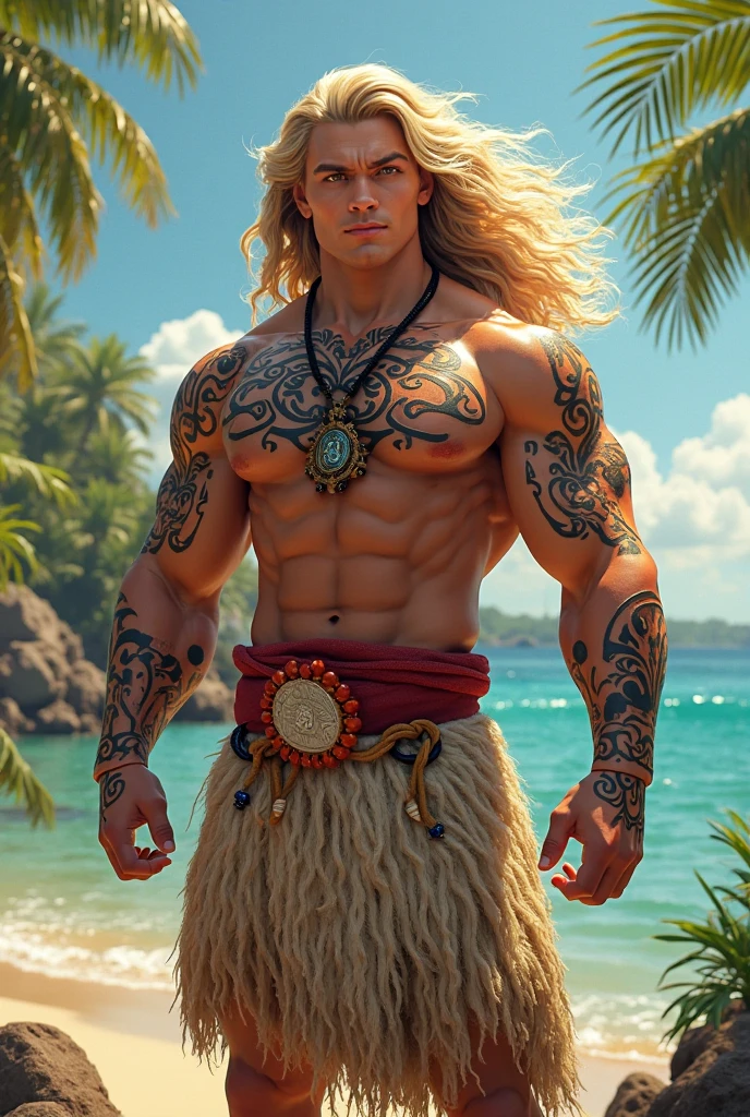 Tall handsome strong Atlantean boy with long blonde shoulder-length hair with tribal tattoos cyan color by his chest wearing a sleeveless shirt dirty with sweat, wearing a thong, barefoot posing in front of a lake