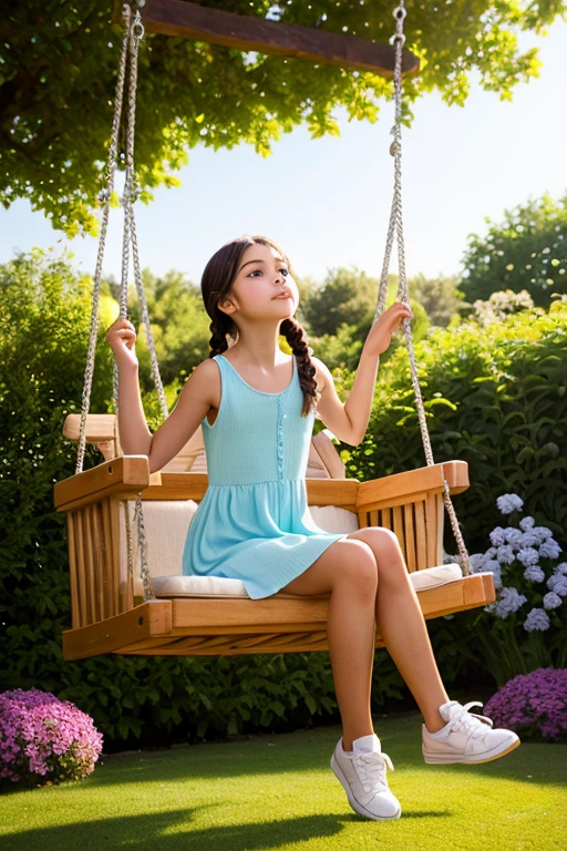 (best quality, realistic, ultra-detailed), (cute girl:1.1), (child:1.1), (blonde hair:1.1), (pigtails:1.1), (blue eyes:1.1), (swings:1.1), (laughing:1.1), (playful, joyful), (colorful:1.1), (bright and sunny), (lively), (beautiful detailed eyes), (beautiful detailed lips), (playful outfit), (green grass), (colorful flowers), (giggling), (sparkling eyes), (happiness), (innocence), (carefree), (outdoor scenery), (fun-filled), (carefree laughter), (bubbly atmosphere), (sunny summer day), (happy childhood memories), (vibrant and energetic), (sunlight filtering through leaves), (delightful), (blissful), (smiling face), (youthful), (swinging higher and higher), (fresh air), (warm sunshine), (joyful playtime)