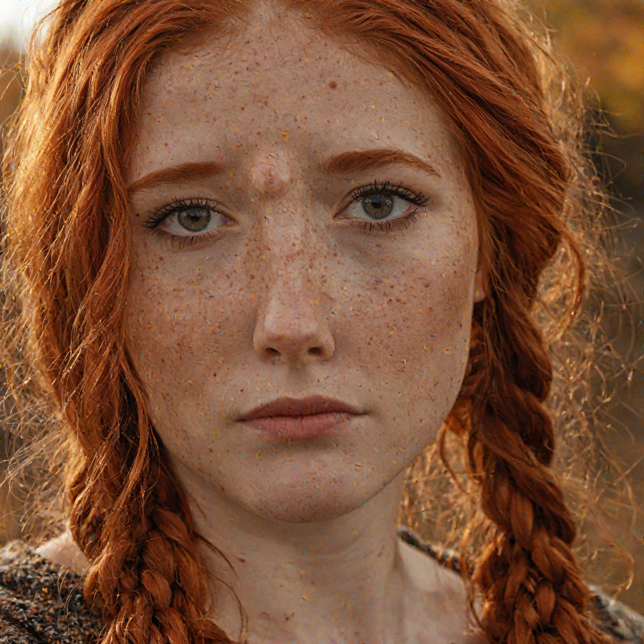 a one woman, Bullish, redheadwear, huge straight hair, blue colored eyes, freckles on the face, ancient royal clothes, with nothing in your head 