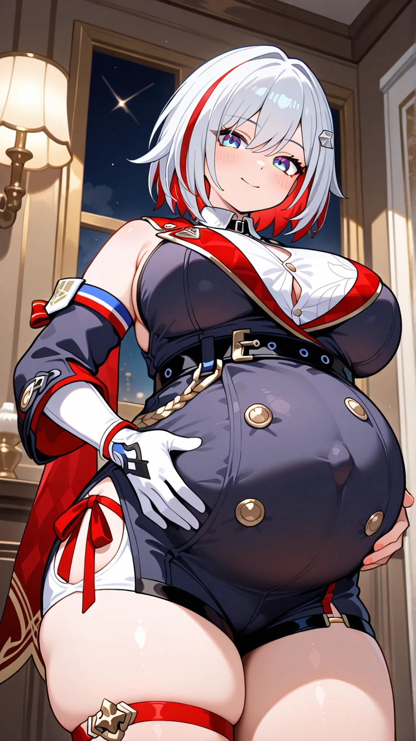 tmasterpiece， very best quality， PrinzV4， 1girl huge large breasts， 独奏， length hair， breastsout， looking looking at viewer， large tities，Large breasts， mitts， Belly button， Hold， White liquid， Yellow eyes， White hair， red hair， O cabelo multicolorido， Open your clothes， Black gloves， Open bra， Official alternative costumes， Striped hair， hand on hips， underboobs， Banner， White panties， Queen of the game， Hold the flag，pregnant women with，shot on the body，cum on the stomach，The white liquid is drizzled all over the body，Shoot all over the body