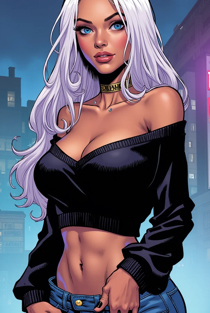 Mulher, loira, olhos azuis, sombracelha preta, batom preto, em uma cidade destruida, de vestido