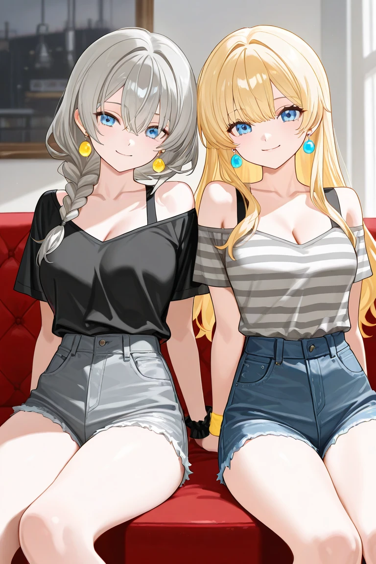 (Lifelike, A high resolution:1.3), 1 girl with a perfect body, Super fine face and eyes,long whitr hair, Tank top of random colors:1.2, short jeans pants, Bigboobs,Expose cleavage