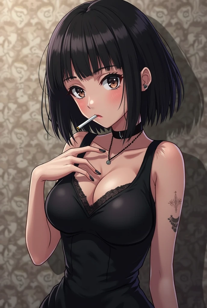 (8k, Highest quality, masterpiece:1,2), anime, Highest quality, masterpiece, woman,cool , Beautiful white skin, Beautiful Eyes, short hair,black,tobacco,tattoo