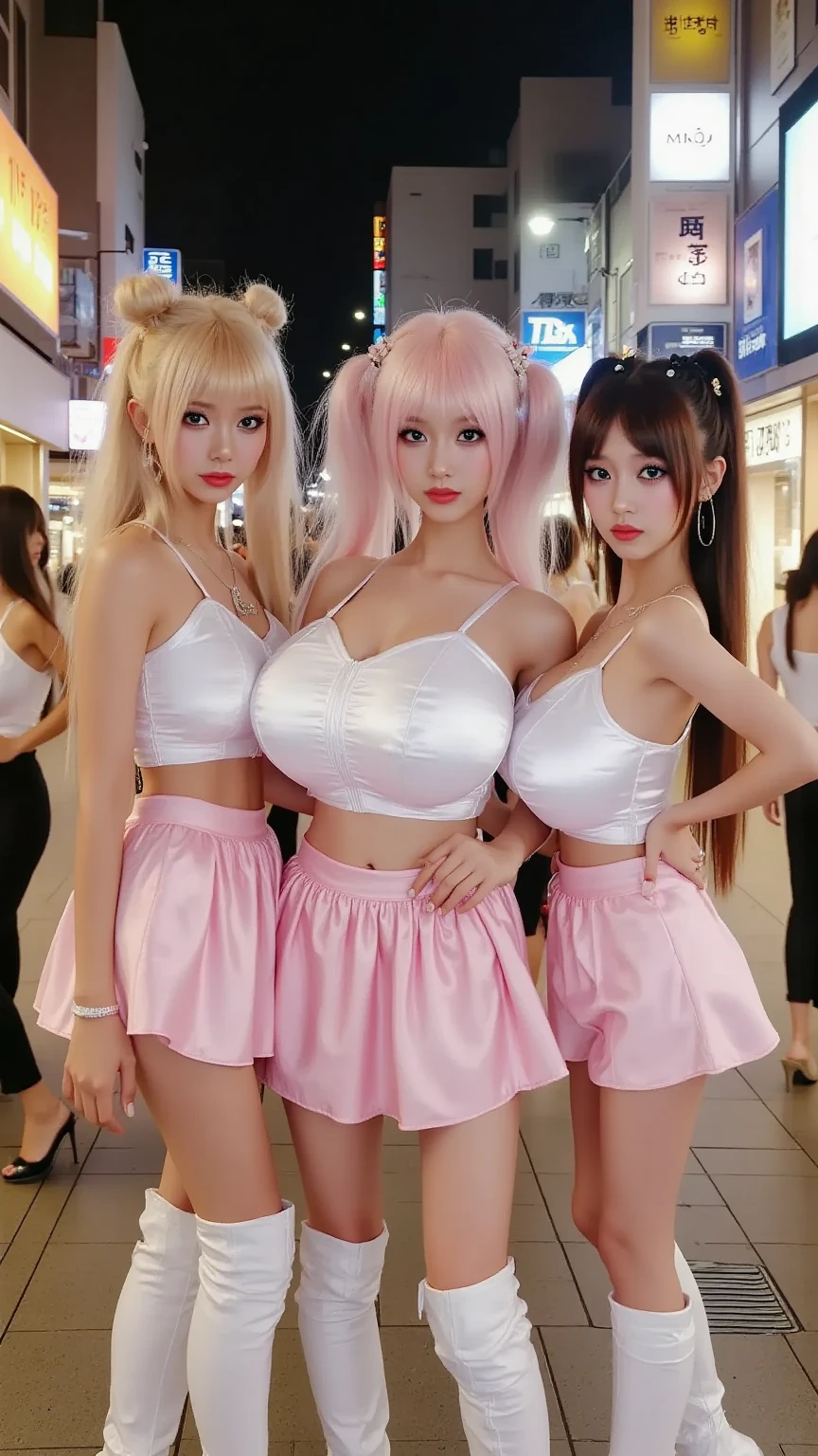 3 girls at an EDM festival, sexy outfits, cleavage, blonde hair, pink hair, big ass, showing off curves