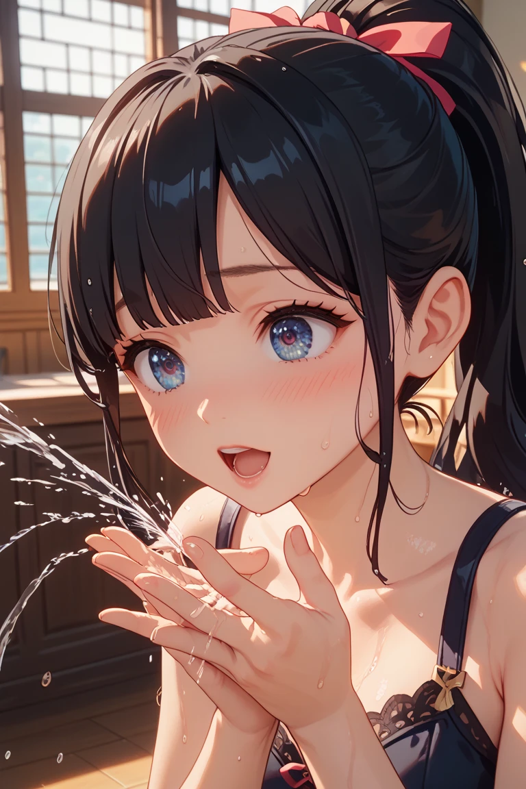 masterpiece, best quality, extremely detailed, (realistic, photo realistic:1.2), high resolution, RAW photo, 8k, Asian girl, 18yo, side bun,slender、Mid-chest、nsfw,wince,(orgasm:1.5),awaiting tongue,