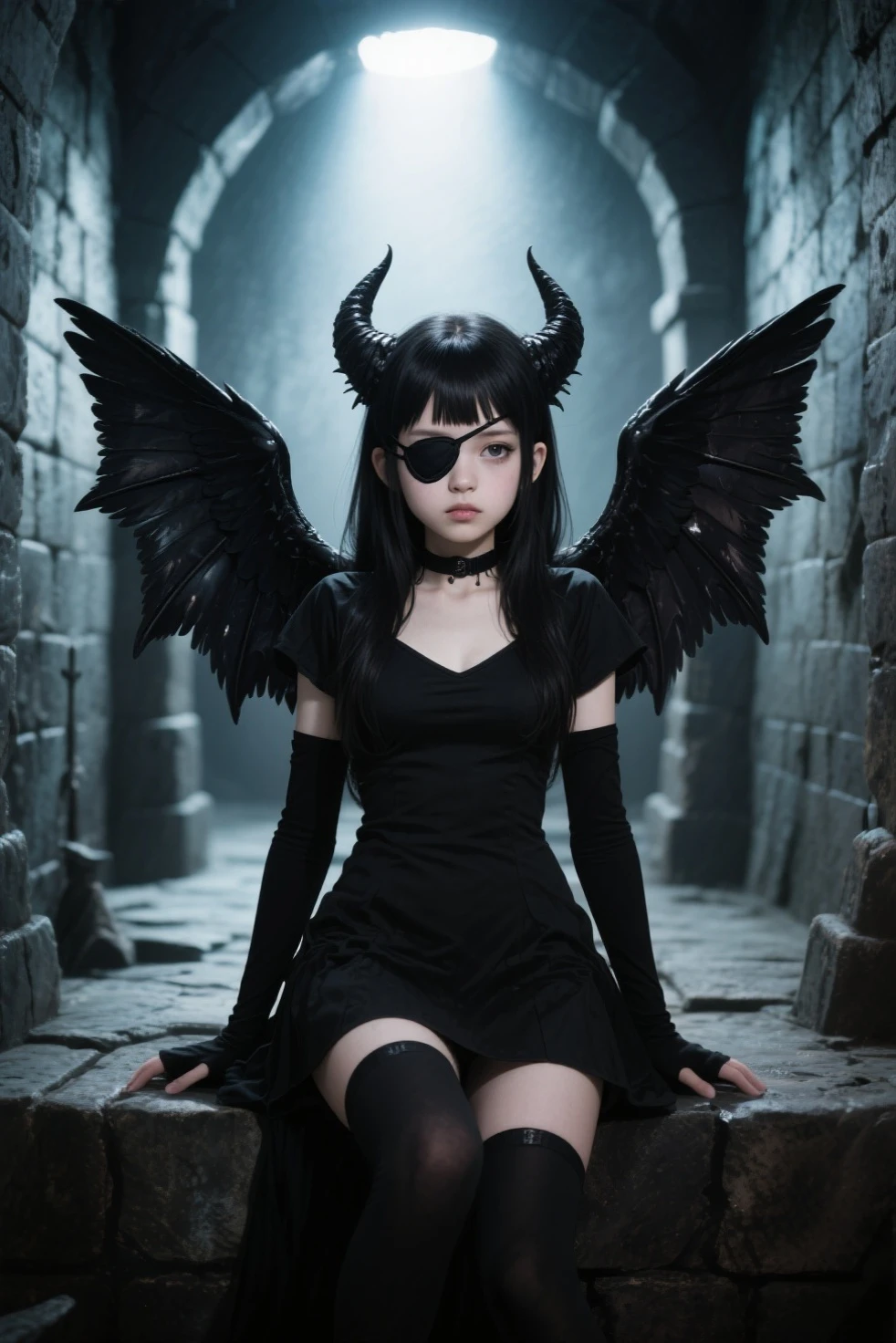 Sunglasses, 1 girl with jesus, black dress, wings, black wings, angel, halo, demon horns, standing on the street, choker, midget, super villain, stand, look at the viewer, cross necklace, earrings, jewellery, jesus, jesus christ, cross tatto, sunglasses