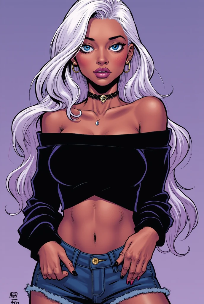 A tall black woman with blue eye pupils, the woman's hair is white, her clothes would be white and her pants black, dragon ball 2d art style, with large breasts and be a futanari