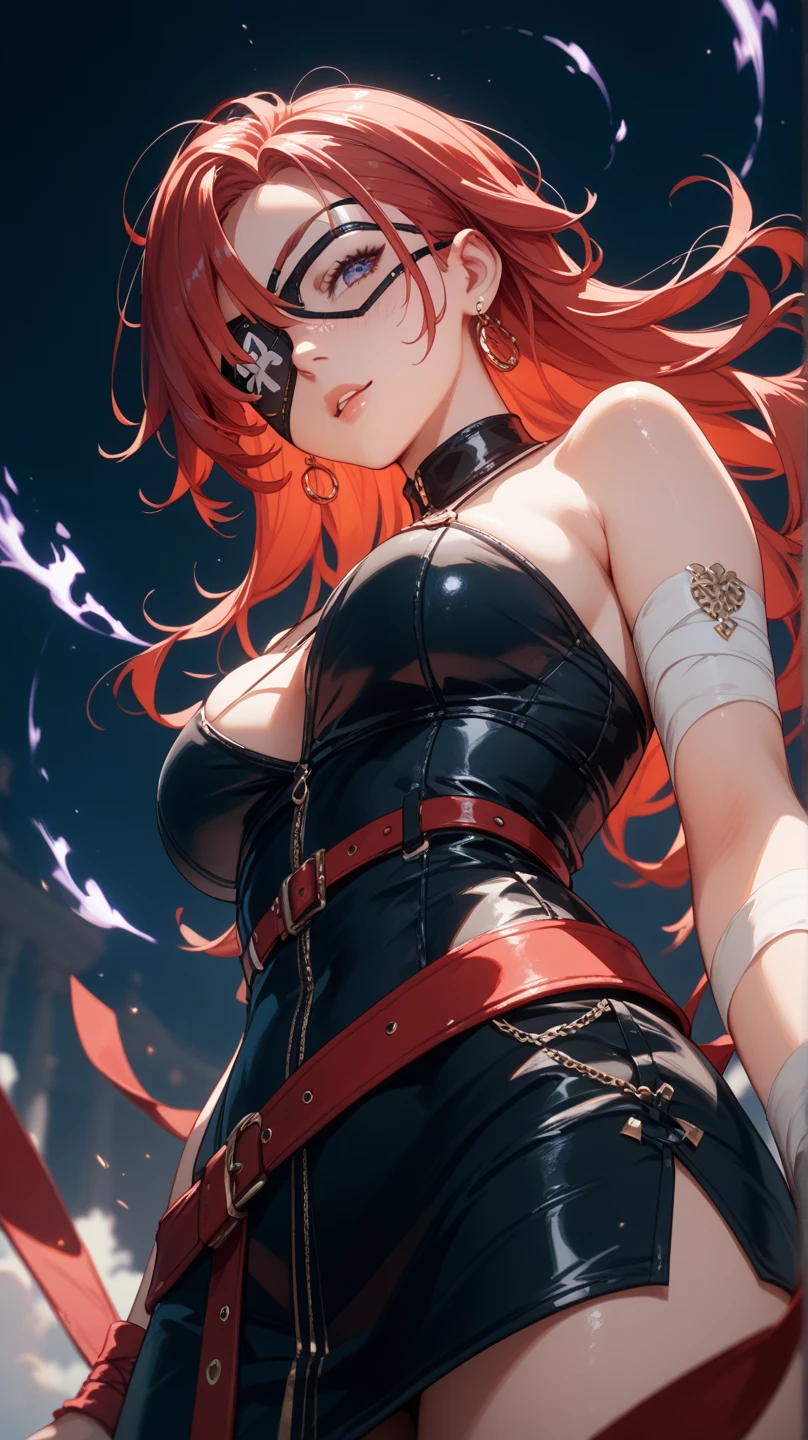 solo, (masterpiece:1.2, highest quality),(Colored Background) (Beautiful fine details: 1.2), (非常にdetailedな CG Unity 8k 壁紙, masterpiece, highest quality, 非常にdetailed, Best Shadow), (detailedな背景) ,Rapier in one hand, I wore long pants, bad eyesight、Tall, well-toned body, Wine red hair, One large woman,Updo hairstyle, Nervous,Cowboy Shot, ,High quality generation of dark female characters, Unreasonable,Her figure is terribly beautiful, Emphasizing the dark and crazy elements. Skillfully expressing the effects of light and shadow, detailed, The face and expression are carefully drawn.., Artistic elements add depth to the work, With a unique artistic touch. This film is visually stimulating and aesthetically pleasing.,sketch