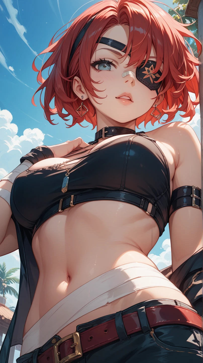 woman, grin, curly black and red hair in pig tails, green eyes, black eyeshadow, wearing crop top black shirt, black jacket, red plaid skirt, black knee high boots, black fingerless gloves, exposed shoulders, large breasts, freckles, abs, cleavage, looking up at viewer, masterpiece, best quality, Holo-Punk Style, saluting, at the beach, make up, eyelashes, fish net undershirt, fish net stockings, (full body)
