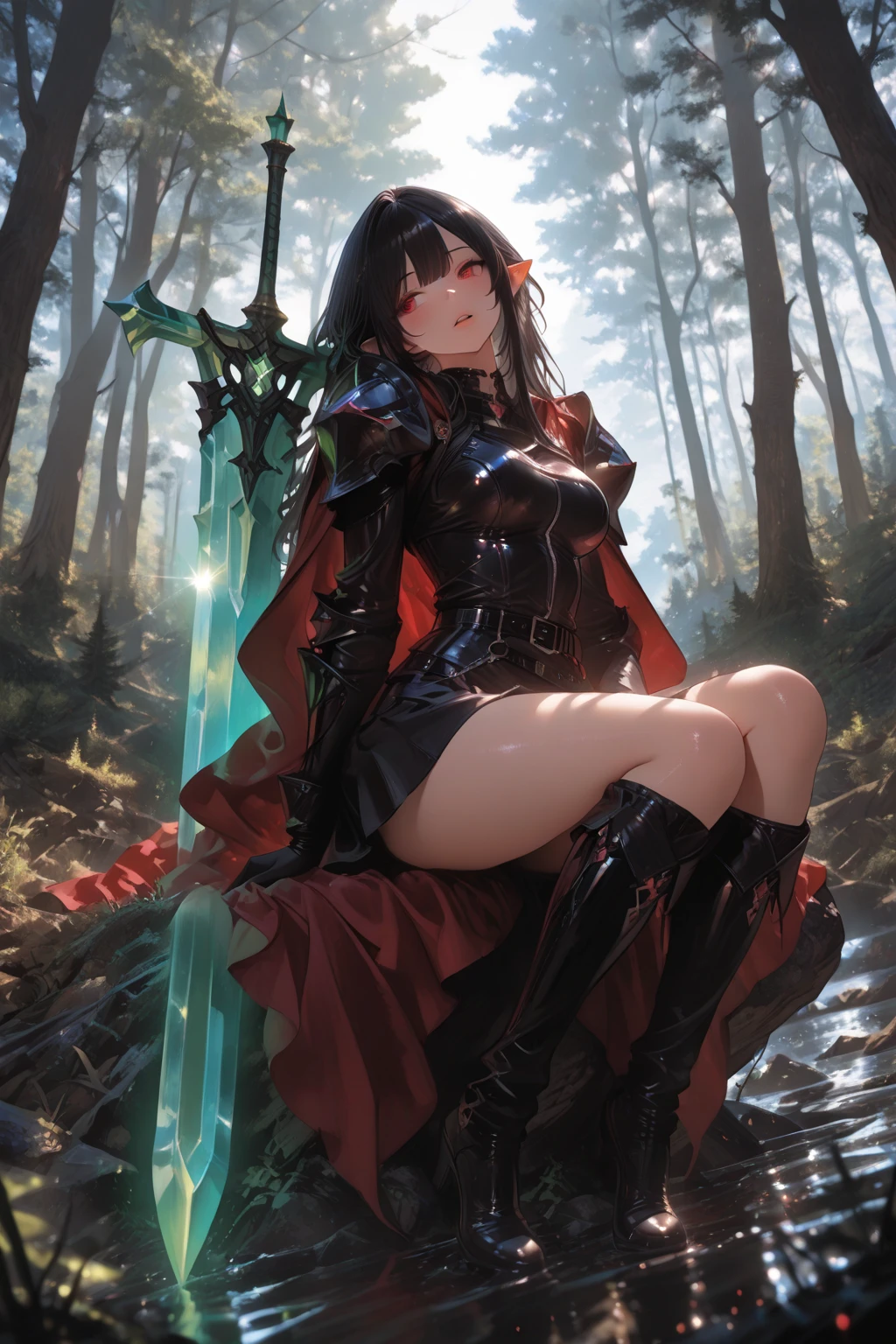 Fantasy, 1 tiny_ Girl, (Loli)++, slender_child, cat_ears, Cape,Outdoor,Leotard, Shy, (bare_groin)++, hold_huge_sword_hilt, Solo, Thighs, covered_,apart_legs,