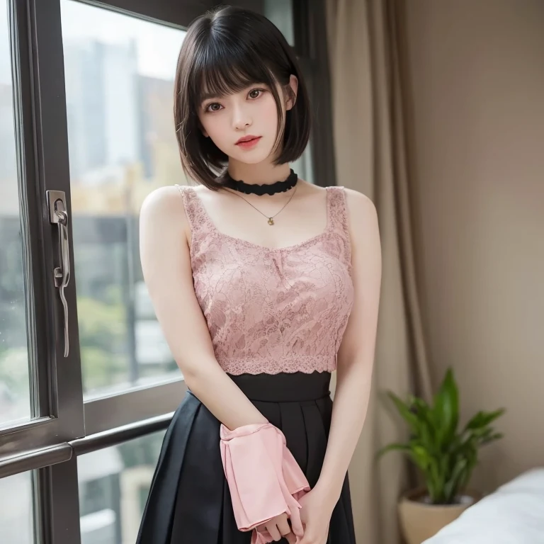 (masterpiece, highest quality、super dense skin、get used to it),1 girl, alone,Beautiful symmetrical face、 hyper realistic, realistic,realistic, light brown eyes stare at the viewer,Brunette short bob hair with highly detailed shiny hair:2、intense eye highlights), See-through brightly colored winter clothes,Lovely see-through costume full of charm、 lips,lip gloss, outdoor, Upper body、Big eyes、eyelash、{Huge|big|Hugeな|mega} chest:2, cleavage:2、(Big eyess short bob hair beautiful detailed eyes、Adds intense highlights to your eyes with eye-catching light、large full chest、look at the audience、she is very beautiful and cute、show me your ears、long neck:1.4、smile、Close your mouth and smilee、perfect anatomy、ideal body proportions、Please tilt your head slightly)、（Snow-covered tree-lined street in Norway in winter）、(she is a very cute and attractive woman)、portrait:2、perfect anatomy