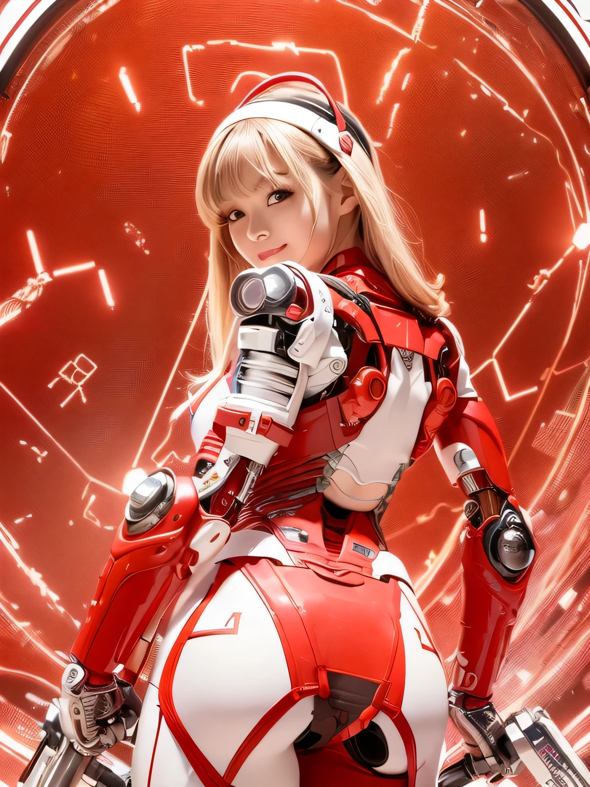 (best quality, high resolution, masterpiece:1.2), very detailed, realistic:1.37, (perfect anatomy),1 ,Side view from behind, You can clearly see the precise electronic circuit inside the cute and beautiful Japanese cyborg girl, standing position, super cute face, big smile, idol, very cute face,,(Beautiful Eyes),Beautiful skin, detailed facial features, beautiful hair,( devices have many cables :1.2), (futuristic red and white cyborg plug suit and skirt:1.3) ,Futuristic headgear,(Natural makeup),(many cables are connected to the body:1.1), ultra-realistic and elaborate details, cyberpunk, bright lights, background is cyborg surgery room