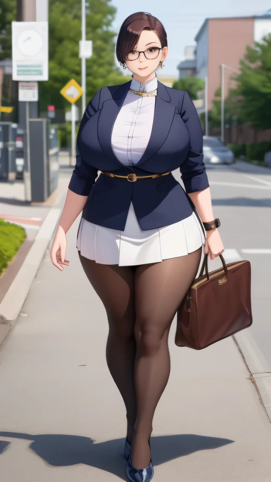 beautiful, (masterpiece), best quality, (extremely detailed face), extremely detailed eyes, perfect lighting, OverallDetail, detailed, 1lady, solo, mature female, (black short hair), bangs, (suit), tight black blazer, (tight pencil_skirt), serious expression, pale, thick thighs, flatshoes, black footwear, wide hips, standing upright, full body shown, holding microphone, news reporter, outside in a busy street, busty, thick legs, thick thighs pressed together, asian woman, slim waist, flat stomach, hourglass bodyfigure, staring at camera, feet together