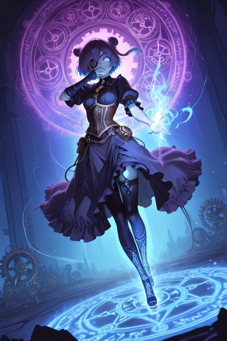 arte de fantasia, arte steampunk, Arte de RPG, fotografia, .RAW, , Melhor Detalhado, Imagem de uma mulher bruxa, Manipulating the Magic Blue Fire, mulher extremamente bonita (Melhor Detalhado, master part, hiper-realista: 1.5) cabelos loiros, cabelos ricos, cabelos ondulados, dynamic eye color, vestindo vestido preto e branco, vestindo capa branca, wearing pantyhose, usando botas de salto alto, lace-up boots, compor, fundo steampunk, ultra melhor realista, melhores detalhes, melhor qualidade, 16k, [ultra detalhado], master part, melhor qualidade, (extremamente detalhado), tiro ultra largo, fotorrealismo, profundidade de campo, pintura hiper realista, Runas brilhantes_Purple, fogo azul