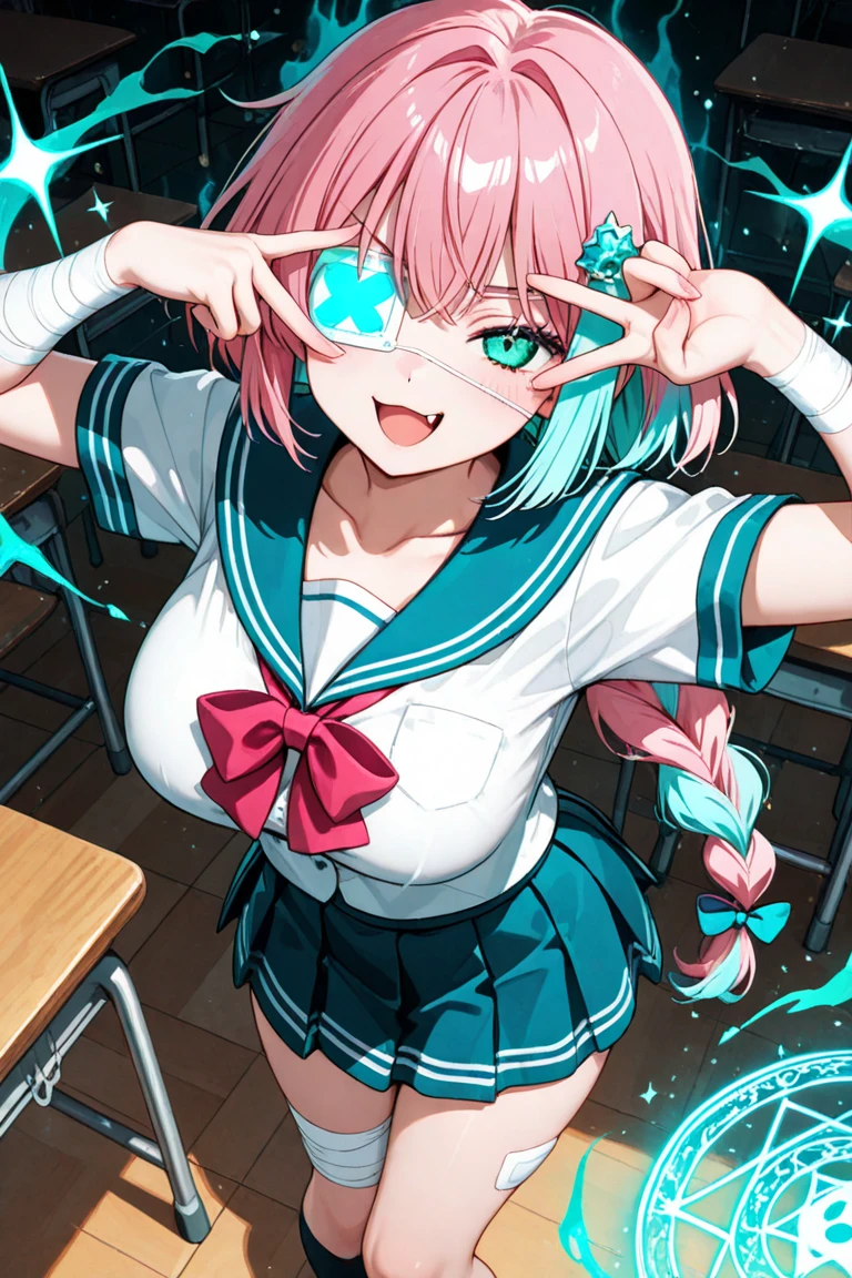 baby face, (colorful fluorescence multicolored hair:1.5,short twintails:1.5), (masterpiece, sidelights, exquisite beautiful eyes: 1.5), masterpiece*portrait, realistic, {(Colorful splash background of different colors:1.5)},colorful,3D face,(cute face),front view: 1.6、 (glowing blue eyes),plump face:1.5,(tareme:1.5)、(evil smile:1.2),Rosy Mouth,Slim Body, shiny hair, shiny skin: 1.5、medium breasts,、solo,(stand)、(high school girl,school uniform)、(charactor focus:1.5、portlate:1.5、eye focus:1.5,upper body),(gradient eyes:1.5)