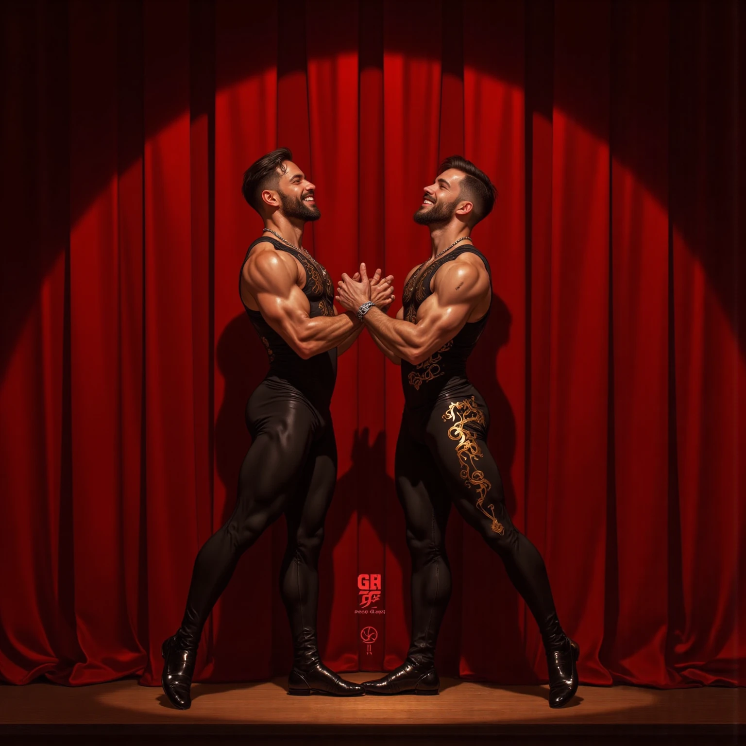 2 muscular men naked wrestle , fully nude, handsome, one asian , one European , sensual, on a strip club, drooling audience, aroused penis, showing penis, transparent outfit
