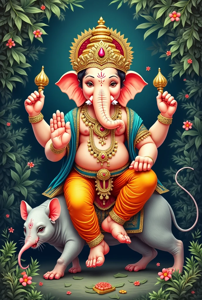 Lord Ganesh with dark blue dress, Ganesh seated on a lion , leg near many laddu 's on the plate, Himalaya Mount background
