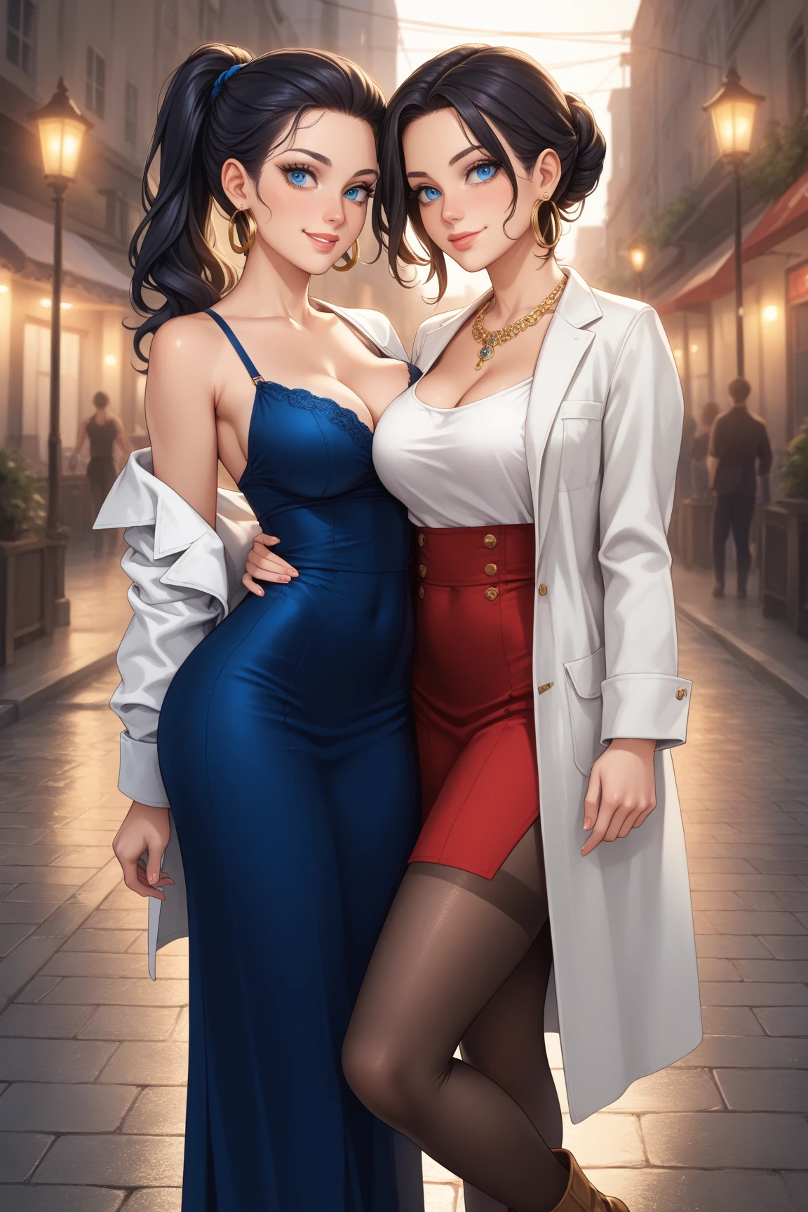2girls, woman in red dress, woman in business suit, cleavage, lesbian