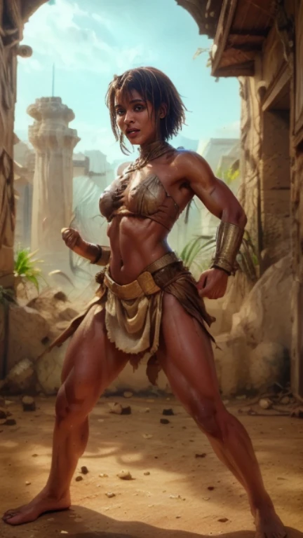 (Zendaya:Evangeline Lilly), full body, Hyborian Age, ancient oasis, 10,000 BC, slightly muscular, hyperdetailed painting, solo focus, dark-skinned female, midriff, blurry background, single long hair braid, necklace, bracelet, cleavage, black hair, skirt, realistic,