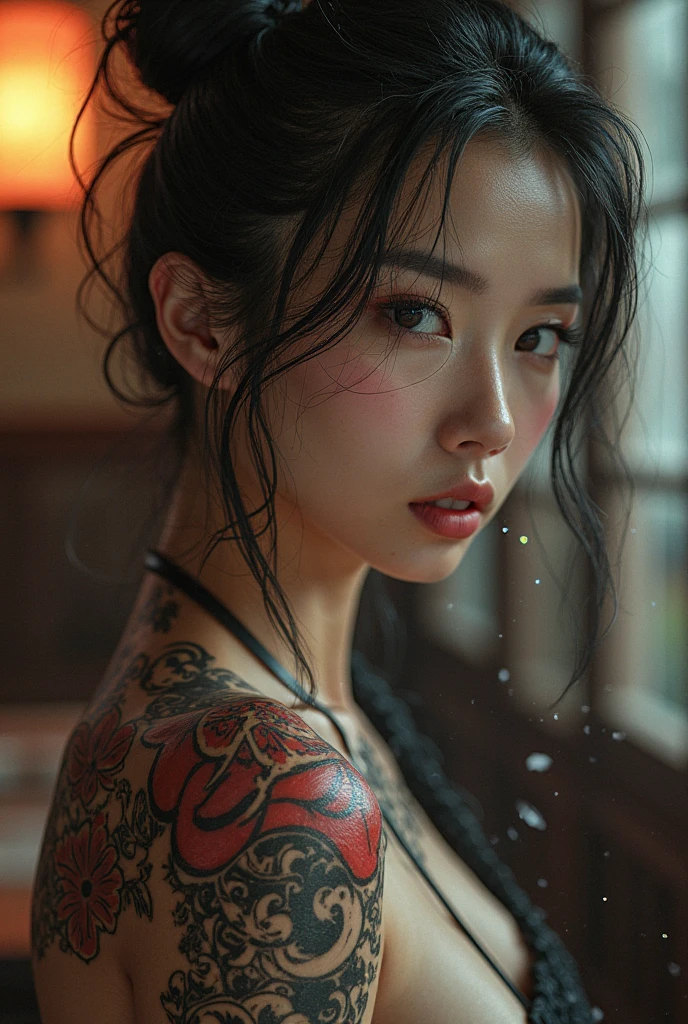 An image with a high-angle shot of a realistic Japanese geisha with almond-shaped eyes, pale skin, and thin eyebrows. White face, red lips, and details such as rouge on the cheeks. The eyes should be carefully lined and the eyebrows painted with precision. From the geisha's mouth emerges a reptilian tongue that sensually traces the mate straw. The geisha's tattooed hand holds the mate gourd. The geisha's kimono is fallen, revealing her shoulder with a dragon tattoo. 


 