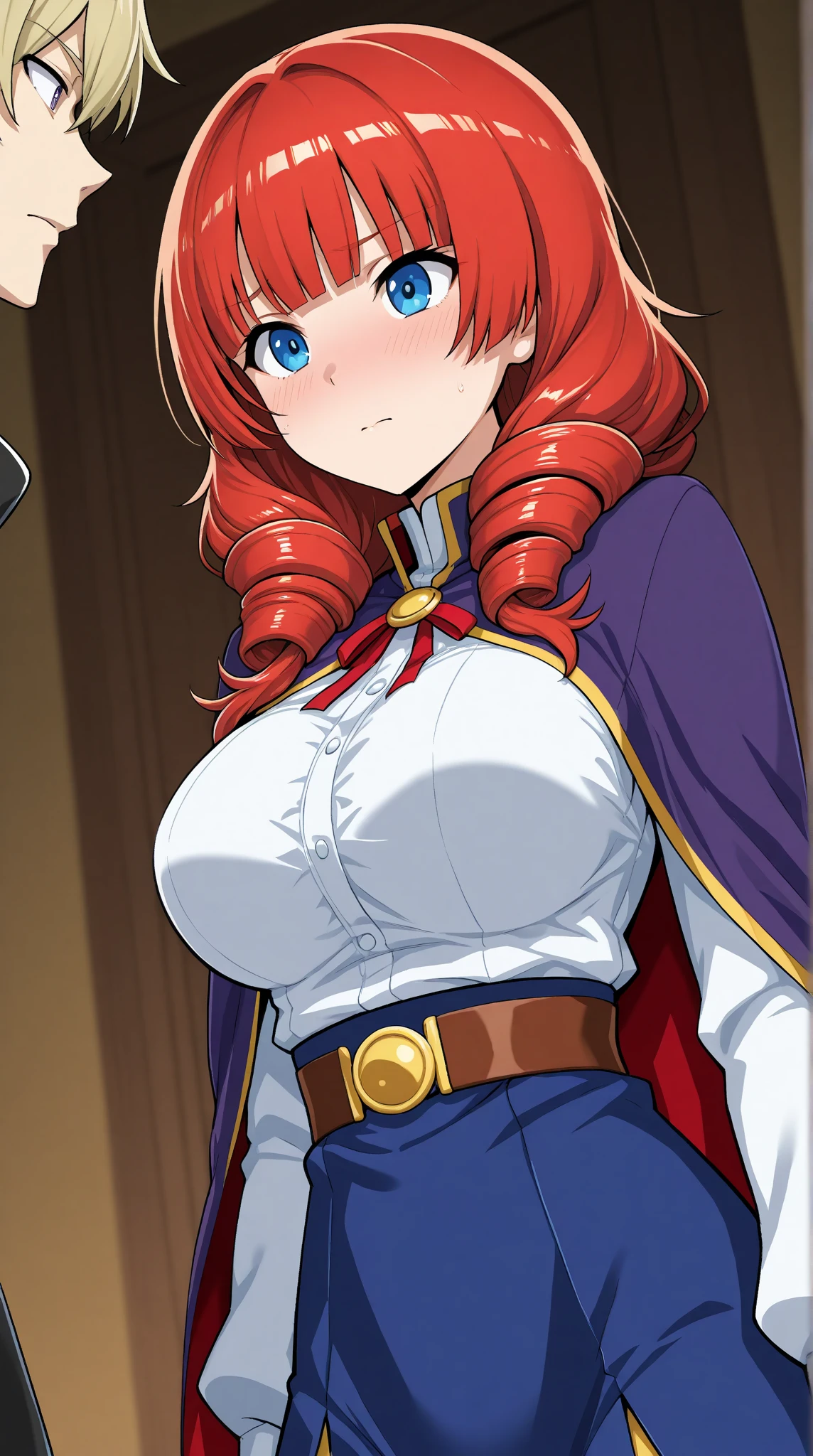 ((foto de corpo inteiro)), ((foto realista)), 1 girl, solo, (colete: 1.2), 8k, high-res, obra-prima, melhor qualidade, (headpe: 1.3), pele finamente detalhada, lingerie, seios enormes, lenore from castlevania, vampire, red hair, skirt, short skirt, upskirt, sitting, legs crossed, bare legs, heels