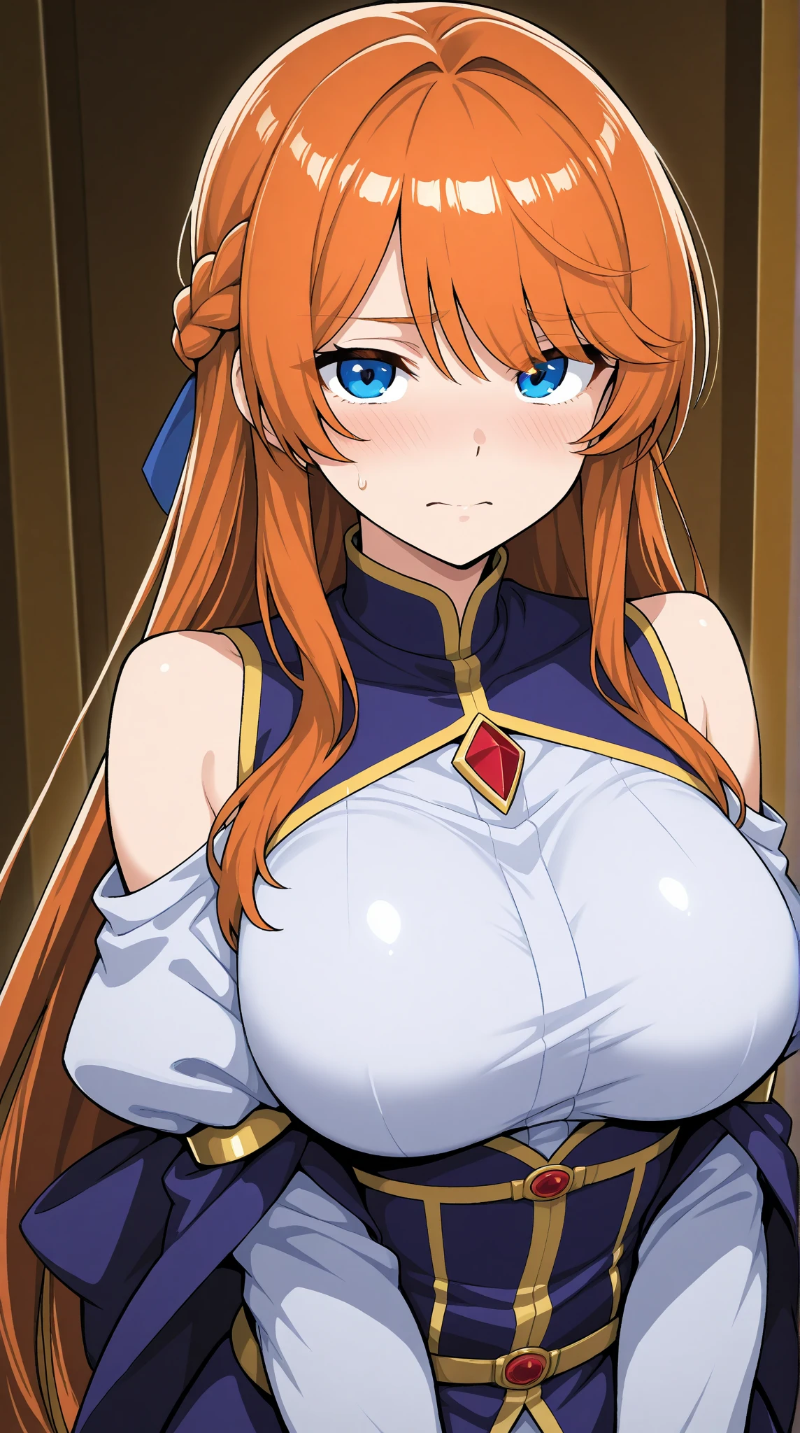 Kousaka honoka, blue eyes, orange hair, Egyptian queen custom,white strapless bodycon dress ,Egyptian scratch on head, Bettie Page, ancient Egypt, standing, on the lap of the God Anubis in sexy pose, smile, cleavage, medium hair, solo, facing viewer