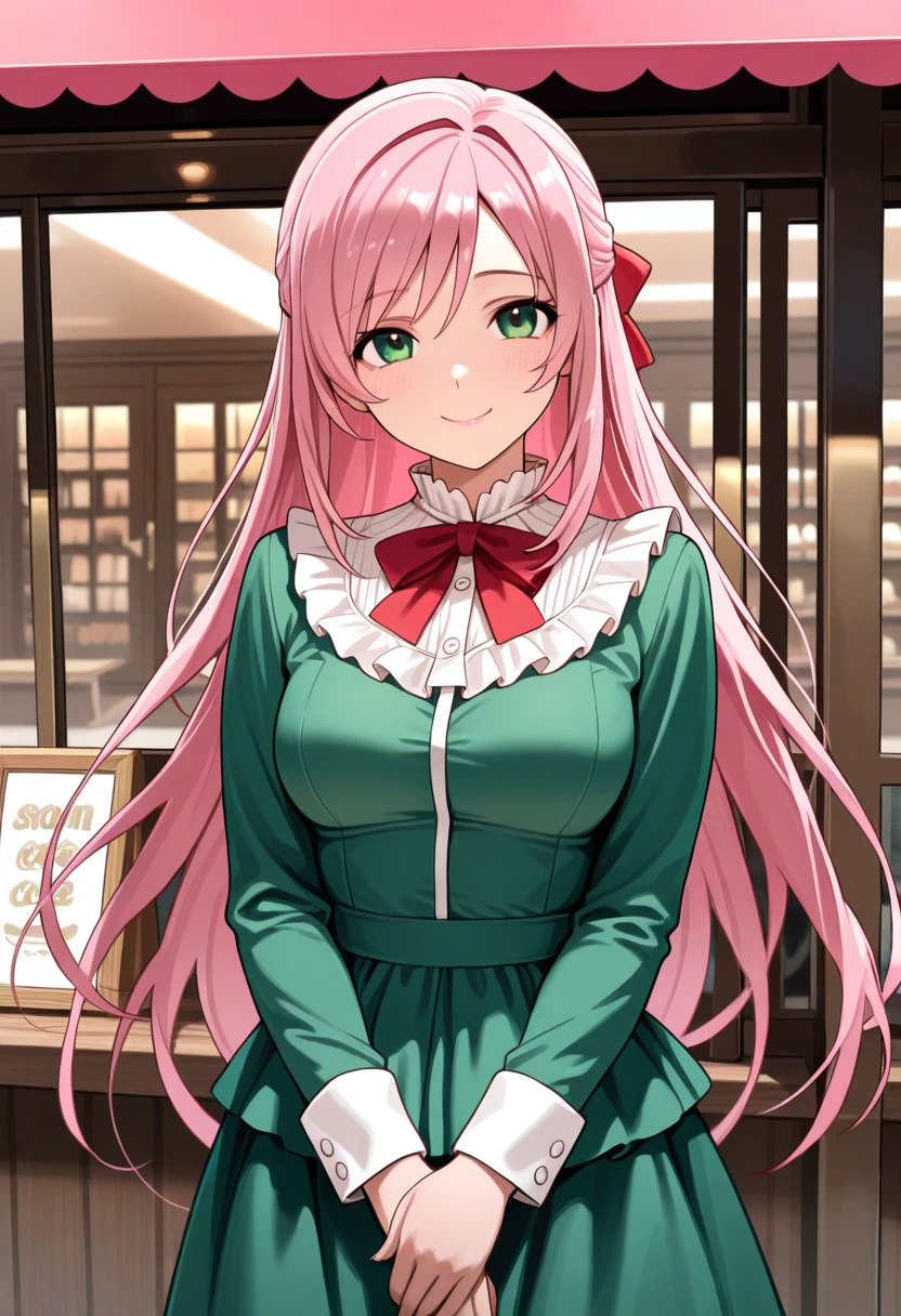 masterpiece, best quality, ultra-detailed, Potrait of beautiful MitsuruDS, solo, demon_slayer_uniform, smile, long_sleeves, looking_at_viewer, japanese_clothes, breasts, haori, cleavage, closed_mouth, jacket, large_breasts, open_clothes, skirt, belt, black_skirt, pleated_skirt, thighhighs, green_thighhighs, zettai_ryouiki, volumetric lighting, best quality, masterpiece, intricate details, tonemapping, sharp focus, hyper detailed, trending on Artstation, pink hair with greeb bottom hair, pink hair, greeb bottom hair, kimetsu no yaiba,