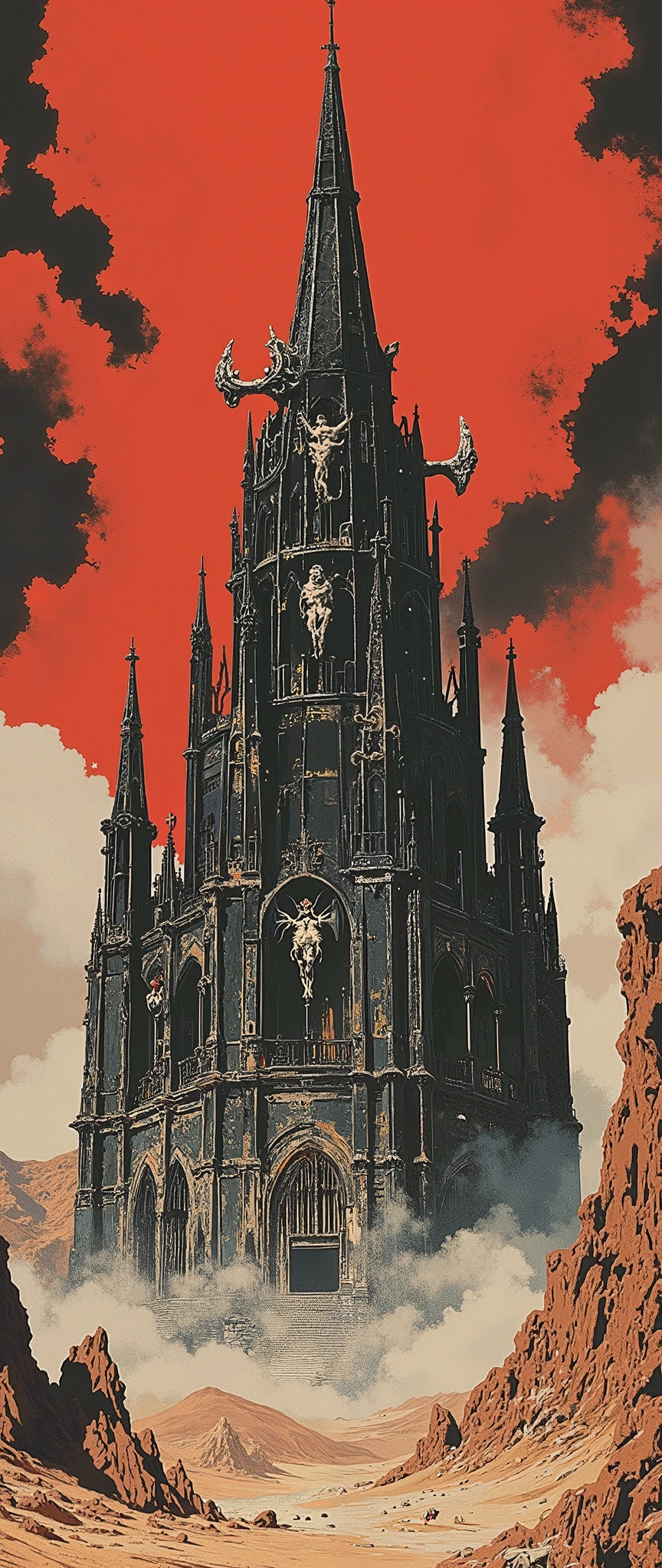 A view from below, a scene seen from the ground, a sandy and sandy scene, a huge dark and gothic tower in the shape of a sinister claw, rises from the middle of the arid desert floor, ancient and ancient tower, black with scary stained glass windows, 16th century gothic style, transylvania style, dracula style, red sky, dark fantasy, ghost tower, infernal tower, aristocratic architecture, high resolution, well defined and detailed, award-winning art, environment resembling hell, pointed spears on the roof of the tower with the appearance of a vampiric cathedral, gothic art, black tower, post-apocalyptic, a very tall tower that seems to rise from the center of the earth, it is floating in the sky and is anchored to the ground by enormous and colossal chains, A twisted tower, infernal tower, texture ruined and cracked by time, marble, black tower. In its decoration huge statues of naked women of marmare with succubus bat wings, weathered statues, inverted crosses on the roof posts, side towers, medieval fantasy castle, high details, detailed image, blood red sky, rendered in the style of anime of the 90s, anime style 'Vampire Hunter D', style of cover of science fiction movie, lots of fog, art by Alex Ross. Cover of a Korean anime, [[ Bottom-up view of the cathedral gate diagonal view]]