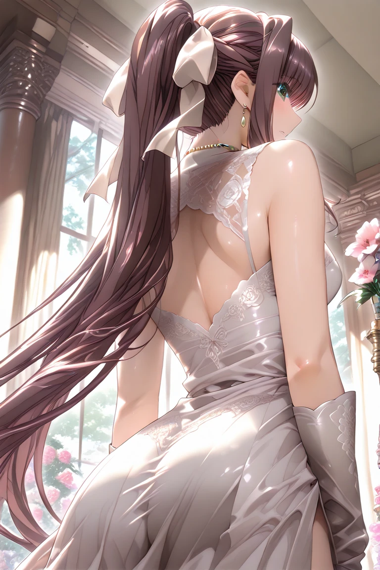 ((((Obra maestra, La mejor calidad, ultrahigh resolution)))), 1girl, standing,), ((long pure brown hair, hair over eye)), long hair cut, shiny skin, ((golden eyes)), glowing_eyes, neon eyes, (ultra detailed eyes:0.7, beautiful and detailed face, detailed eyes:0.9), ((centered)), smirk, facing viewer, ((vibrant background, dark lighting, summer, sunlight)), large chested, looking at viewer, ((half closed eyes)), ((perfect hands)), (((head:1, arms, hips in view, elbows, legs, in view))), ((hands behind back)), empty eyes, beautiful lighting, ((outside, outdoors)), defined subject, head tilt, (((gritty)), ((creepy)), ((cool)), ((beautiful)), (((SFW))), hair ornament, petals in the air, moon in the sky, city, mature woman, adult woman, sfw, pink and white dress, night dress, she is a princess, gal, dark skin, majesty, mistress