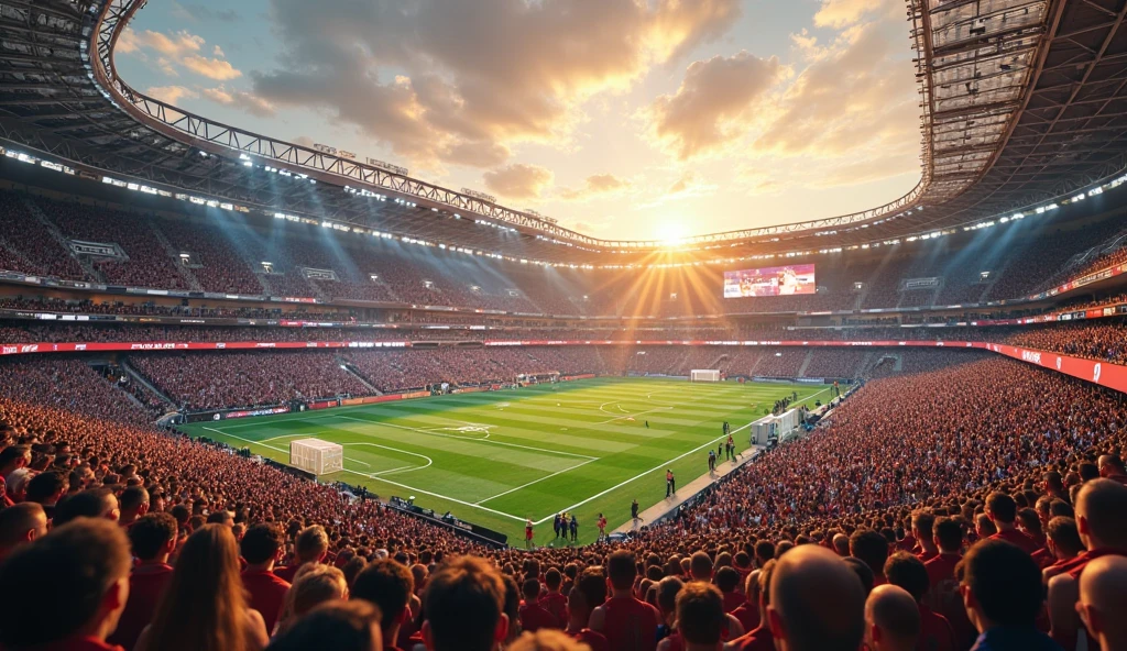 A massive ultra-realistic stadium at sunset, filled with a roaring crowd, multiple sports happening simultaneously — football on one side, basketball on another, boxing ring in the middle, track runners on the edge. Centered chrome text: “Legate of Sports”. 4K UHD, cinematic lighting, epic composition --ar 16:9 --v 5