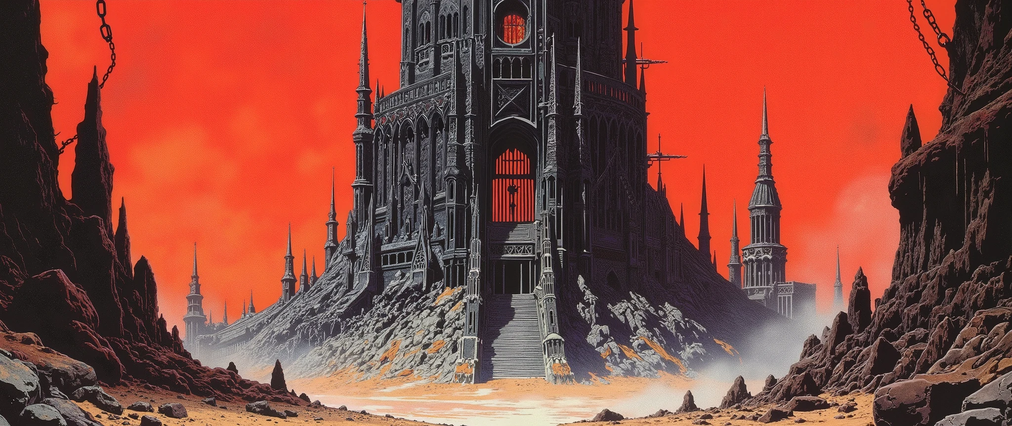 A view from below, a scene seen from the ground, a sandy and sandy scene, a huge dark and gothic tower in the shape of a sinister claw, rises from the middle of the arid desert floor, ancient and ancient tower, black with scary stained glass windows, 16th century gothic style, transylvania style, dracula style, red sky, dark fantasy, ghost tower, infernal tower, aristocratic architecture, high resolution, well defined and detailed, award-winning art, environment resembling hell, pointed spears on the roof of the tower with the appearance of a vampiric cathedral, gothic art, black tower, post-apocalyptic, a very tall tower that seems to rise from the center of the earth, it is floating in the sky and is anchored to the ground by enormous and colossal chains, A twisted tower, infernal tower, texture ruined and cracked by time, marble, black tower. Blood red sky, rendered in 90's anime style, 'Vampire Hunter D' anime style, sci-fi movie cover style, lots of fog, art by Alex Ross. Cover of a Korean anime