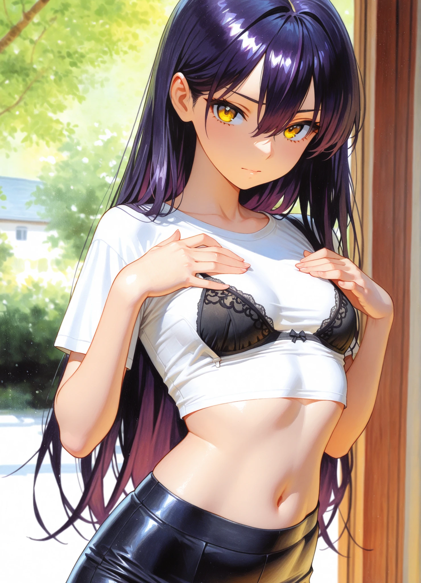 1girl,masterclass,best quality, illustration, solo, black hair, red eyes, xiao_lin, long hair, t-shirt, thong, presenting, sitting, crossed legs, reaching_towards_viewer, nsfw, lewd, horny,