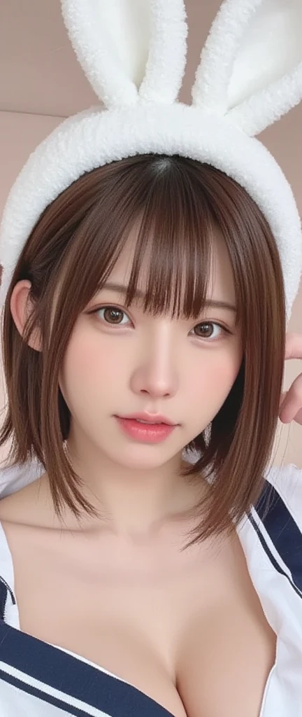 1 Female, Light brown hair, Blunt bangs, Hair behind the ear, Hair that falls over the shoulders, Long Hair, Ultra-fine face, Thin face, Eyes like delicate lips:1.5), Light blush, eyes are light brown,The optimal ratio is four fingers to one thumb, First Person View, 8k, Super detailed, highest quality, High resolution,(((Fully nude、No underwear、No bra)))