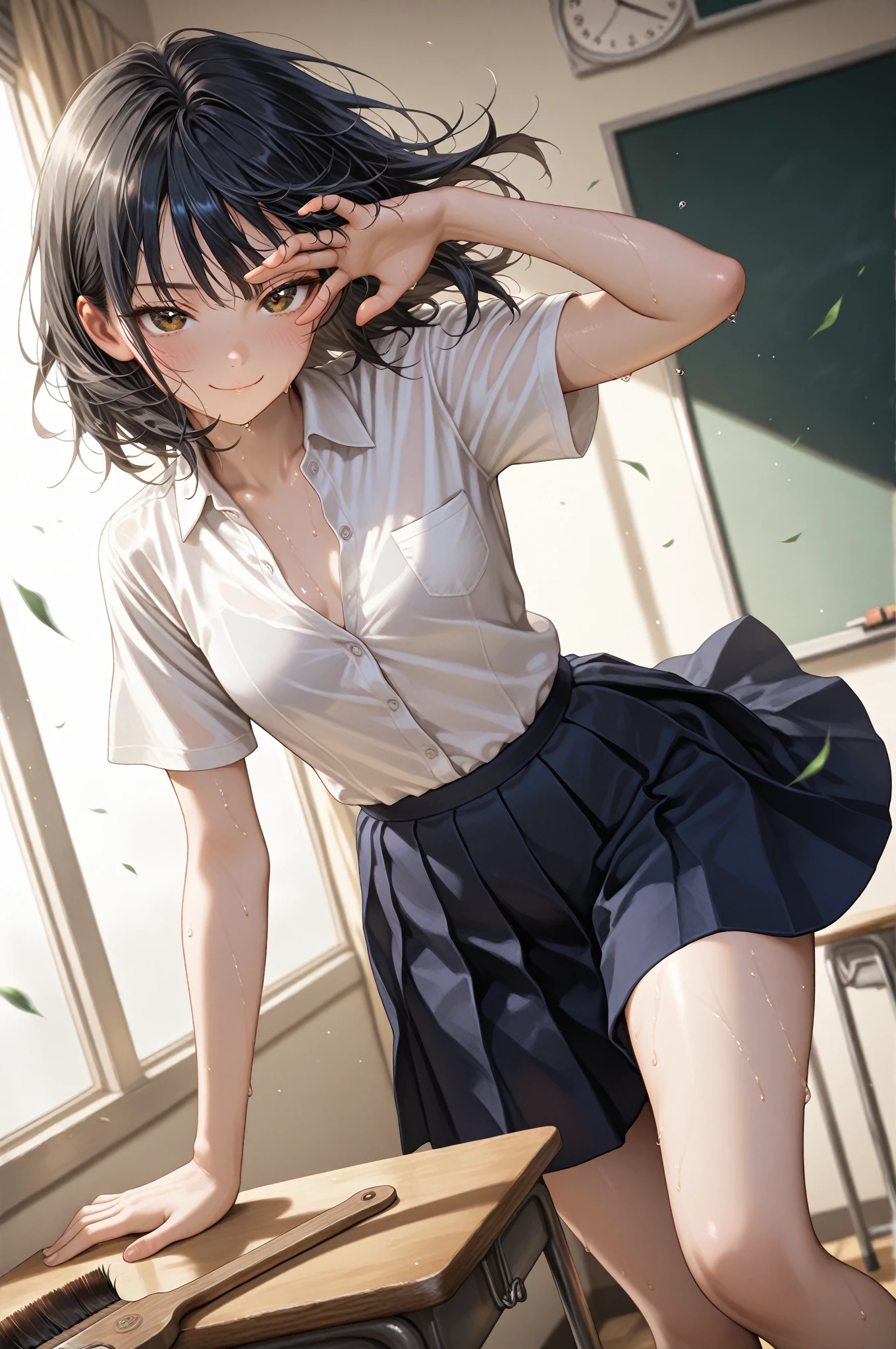 best quality,masterpiece,1girl,solo,(((NSFW))),(((9years old))),japanese girl,an extremely cute and beautiful girl,highly detailed beautiful face and eyes,petit,cute face,lovely face,baby face,shy smile,show teeth,black hair,medium short hair,Hairless pussy,flat chest,skinny,slender,(((wearing a wet transparent white short shirt and grey mini skirt))),(((standing in a classroom))),she is looking at the viewer,hands lift up dress,(upskirt above the waist:1.1),(no panties:1.1),(legs spread wide:1.1),(no bra:1.1)