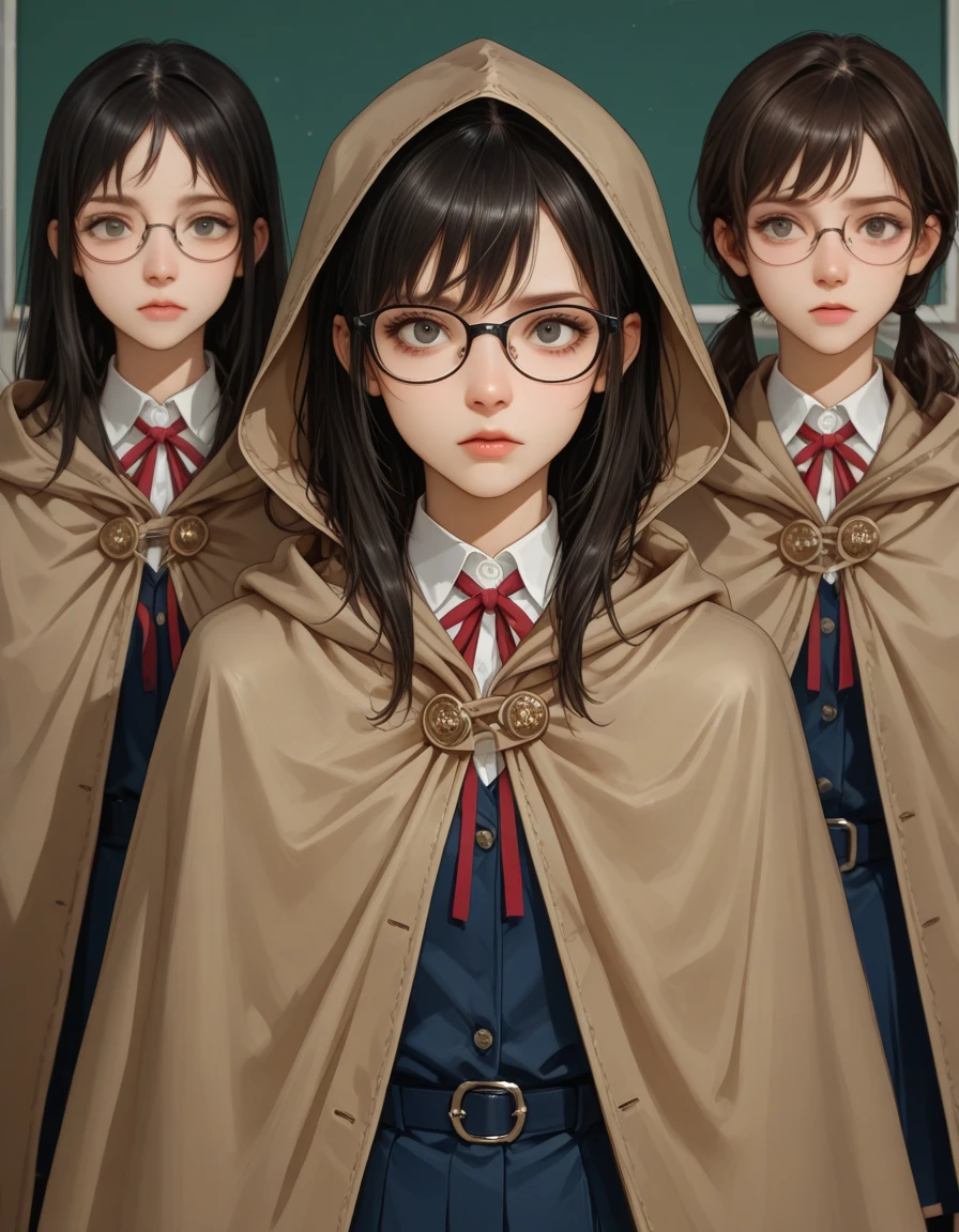 Nsfw, Hogwarts student, slim, thin half rimmed glasses, dark red hair, ponytail, black robe with blue accentsand hood,