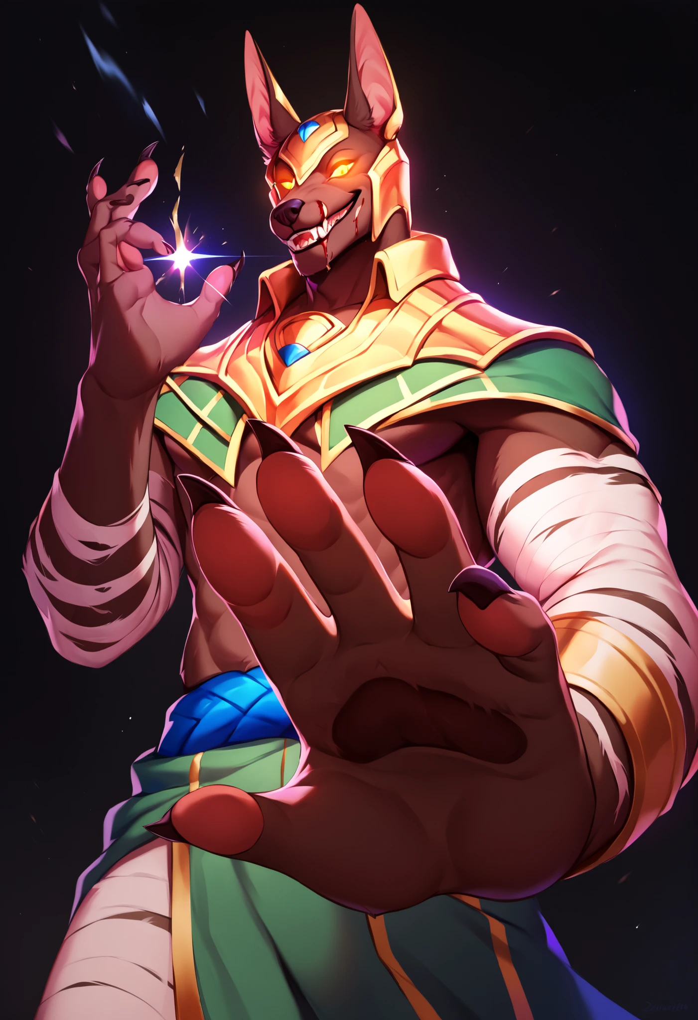 score_9, score_8_up, score_7_up, solo, low-angle shot of intricate details, solo, male, nasuspdxl, furry, yellow Eyes, glowing eyes, no pupils, crazed expression, bloody clawed hand lunging towards the viewer, dynamic action pose, insane smile, black background, dramatic perspective, sharp focus, digital art, highly detailed, horror