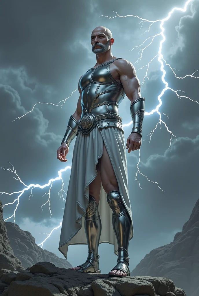 a statue of zeus, dynamic pose, standing on a rock:0.3, (with lightning in the background:1.4), (3/4 view), Clint Cearley, arnold render, a marble sculpture, (cinematic:1.4), slate gray atmosphere, hyperdetailed, soothing tones, insane details, low contrast, (((full body))), (centered), stormy sky, epic sky, volumetric lighting,
